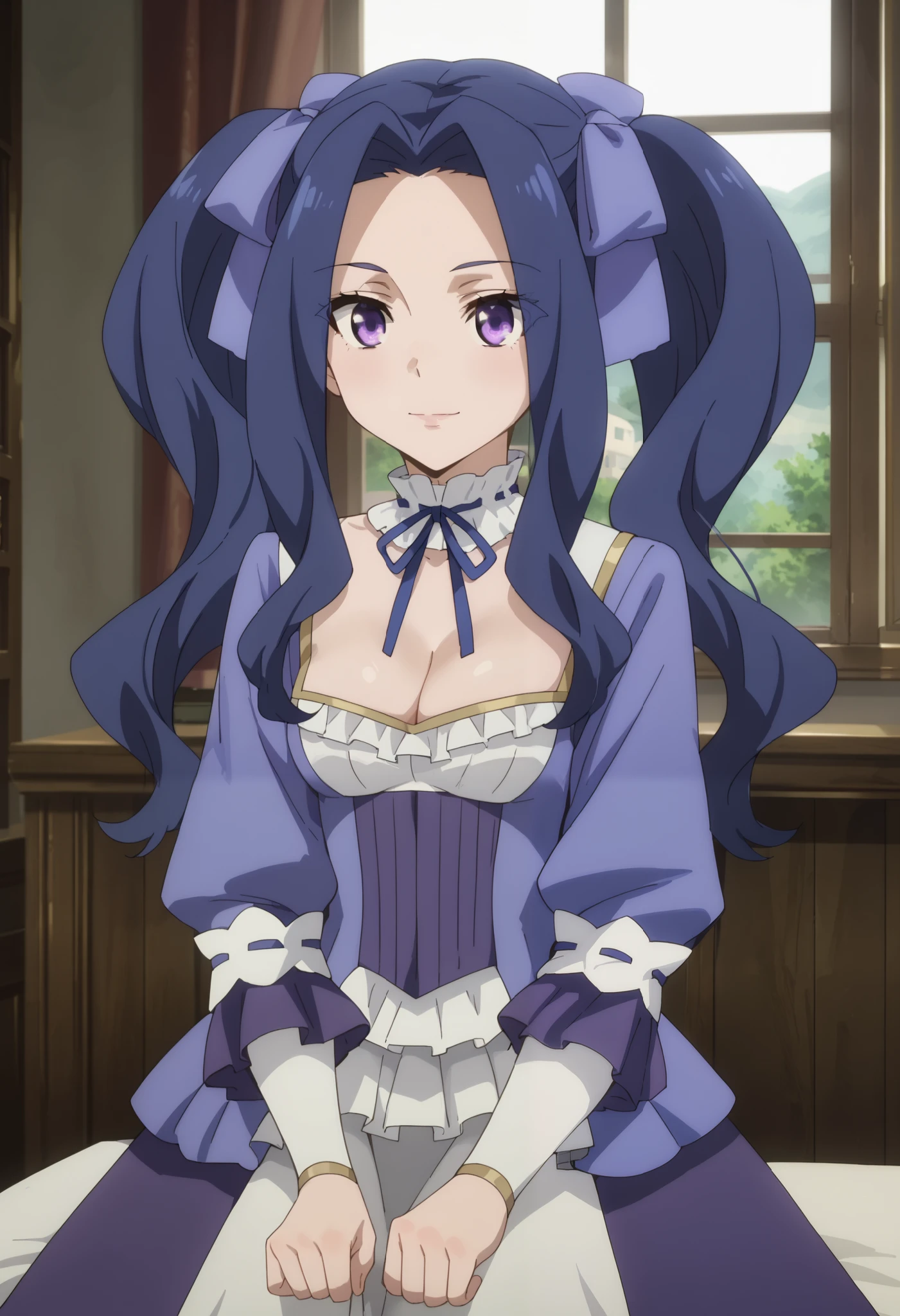 score_9, score_8_up, score_7_up, anime coloring, source_anime, anime screencap, uncensored, (medium breast, curvy,)
1girl, solo, cleavage, light smile, window, moonlight,
long sleeves, dress, frills, ribbon trim, purple dress,
melty q melromarc, long hair, ribbon, twintails, blue hair, purple eyes, hair ribbon, purple ribbon, parted bangs,