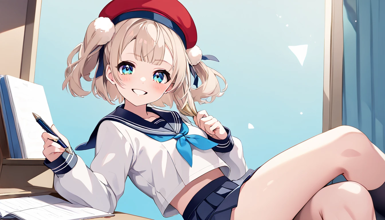 nsfw best quality, super high res, detailed and beautiful face, solo, cute, Shigure Ui, mini skirt, red hat, cute smile, long sleeved sailor inspired outfit, sitting and holding pen