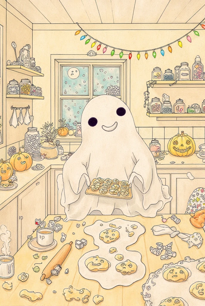 An enchanting coloring page featuring a friendly ghost baking cookies in a warm, cozy kitchen. The ghost has a cheerful, whimsical expression, floating near a wooden countertop covered with cookie dough, cookie cutters, and a rolling pin. The kitchen is decorated with pumpkin-themed items, including small pumpkins on the counter, pumpkin-shaped string lights, and a pumpkin-patterned tablecloth on a small round table in the background. A glowing jack-o'-lantern sits in the corner, adding to the festive Halloween atmosphere. Shelves are lined with jars of colorful ingredients, while a cozy window reveals a starry night sky. The scene is filled with charming details, such as a steaming cup of tea on the counter and a ghostly hand holding a tray of freshly baked cookies shaped like bats and pumpkins.