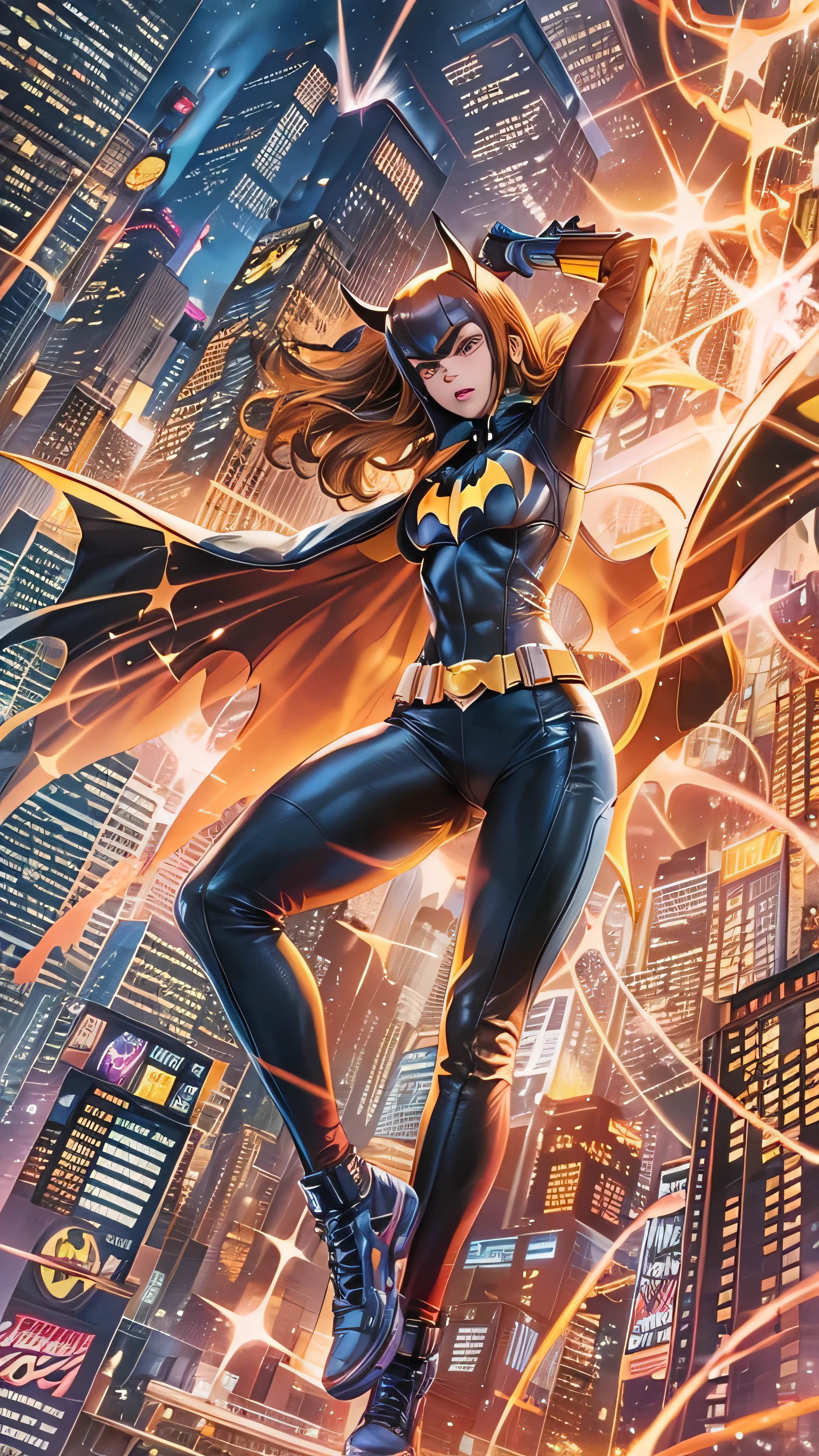  high-definition picture ，(( Batgirl's style )) I'm drawing a full-body image of Marvel、A full-body Marvel portrait against a neon city backdrop、Dazzler, Fireworks explode overhead . The background is a pop t-shirt with New York 。