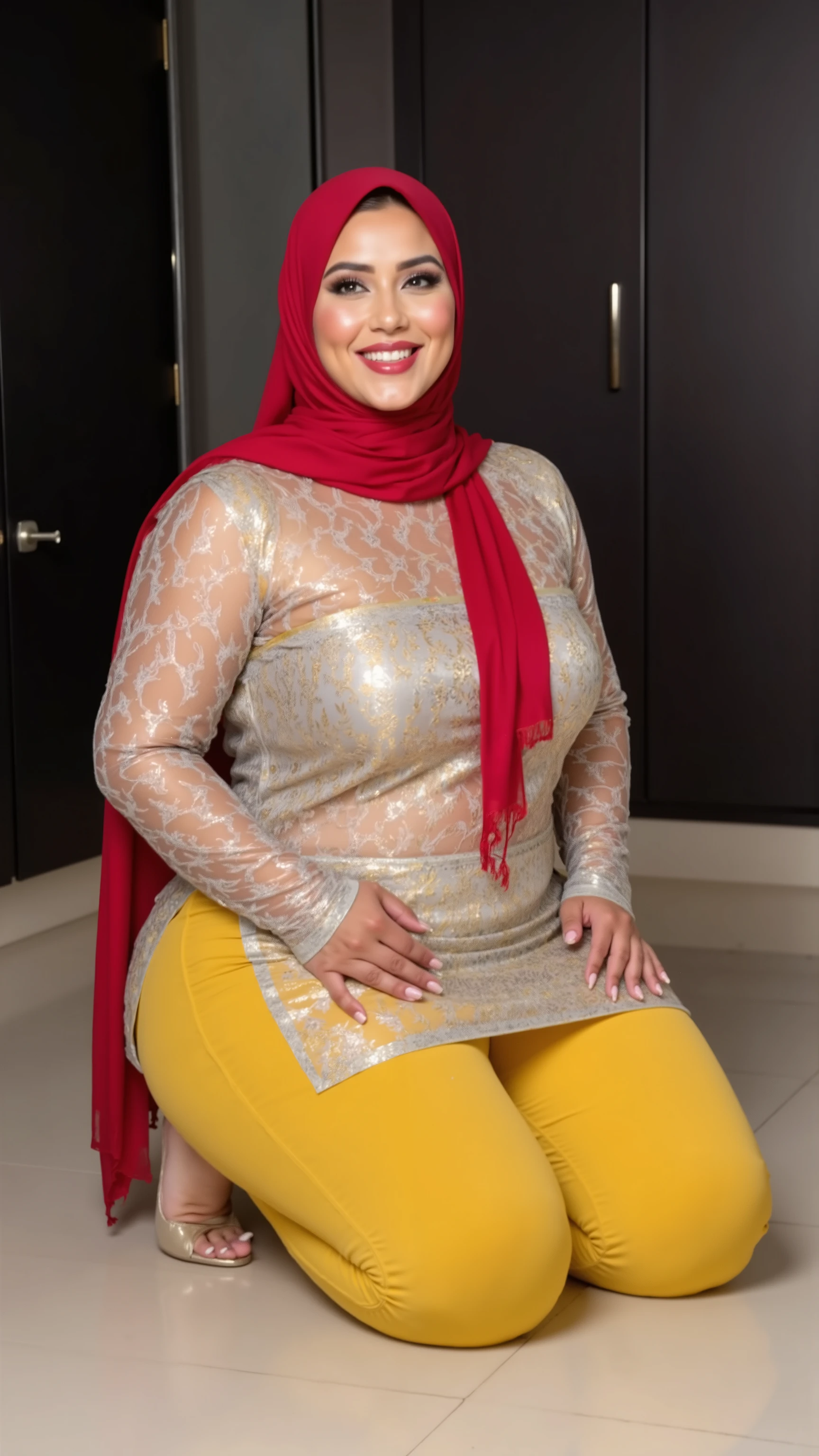 I am 50 year old plus size tall and big giant indian muslim women, looking like indian actress hansika motwani, wearing a silver and gold mix colour printed Sleevless transparent knee length kurti and shining reflective glossy  yellow colour tight silk pant and red hijab,white-skin,

white skin tone, beautiful face, red lips, clean skin, celebrity face, thick leggs, round ass,bulging ass,huge breast,scooping D cup Breast,long polished nails,6 inch gold and red mix stileto heels,

women sitting on knees on floor for muslim prayer, both hands kept on thighs,in a black painted kitchen,women have huge bulging ass, happy face,looking the viewer,realistic photo,full body image,wide angle shot in camera, realistic photo, looking on camera for a snap,a quarter back side view of women,UHD photo,generate only woman sitting images and no standing images, full view of thigh's through open kurti slit,