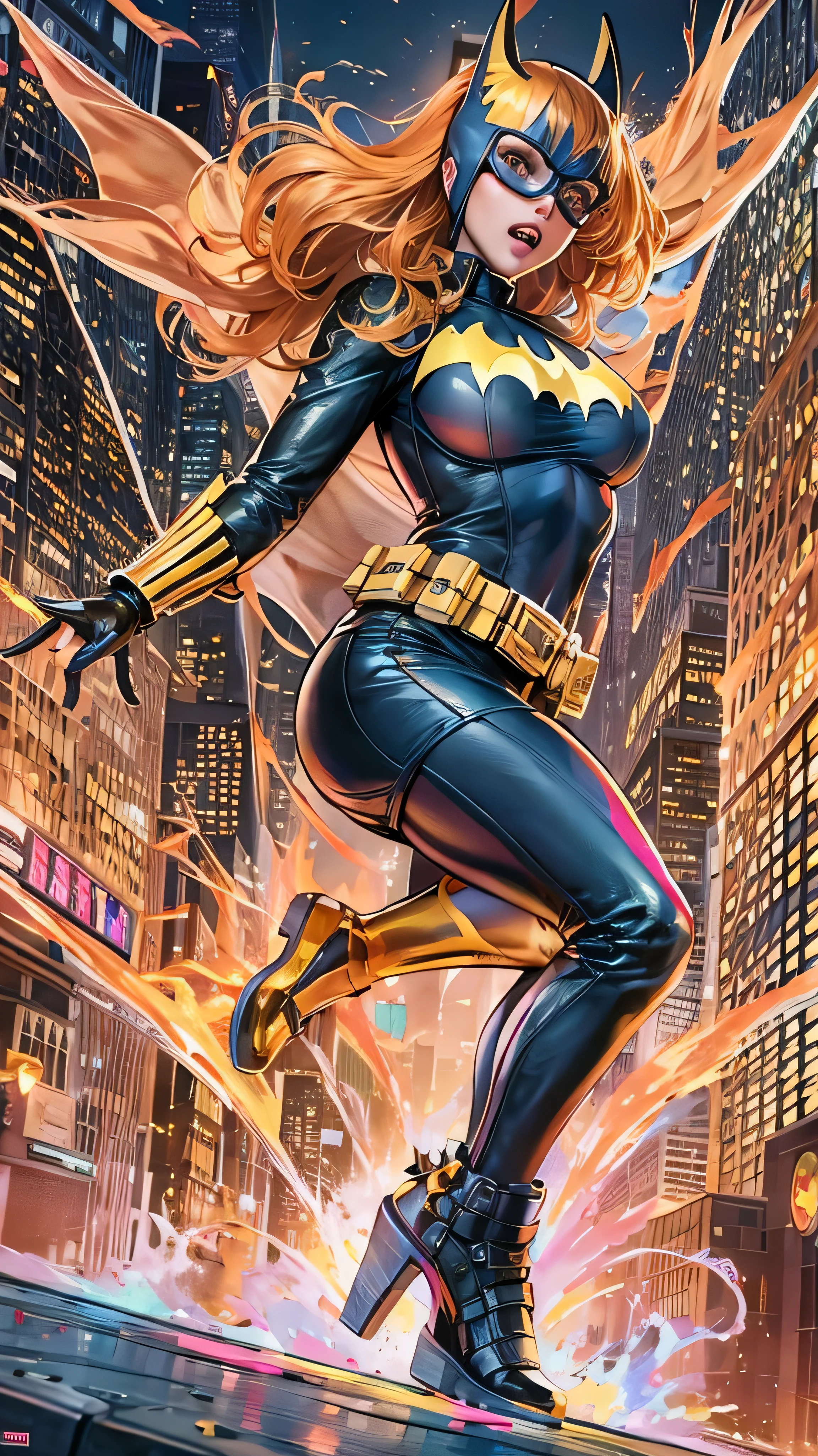  high-definition picture ，(( Batgirl's style )) I'm drawing a full-body image of Marvel、A full-body Marvel portrait against a neon city backdrop、Dazzler, Fireworks explode overhead . The background is a pop t-shirt with New York 。