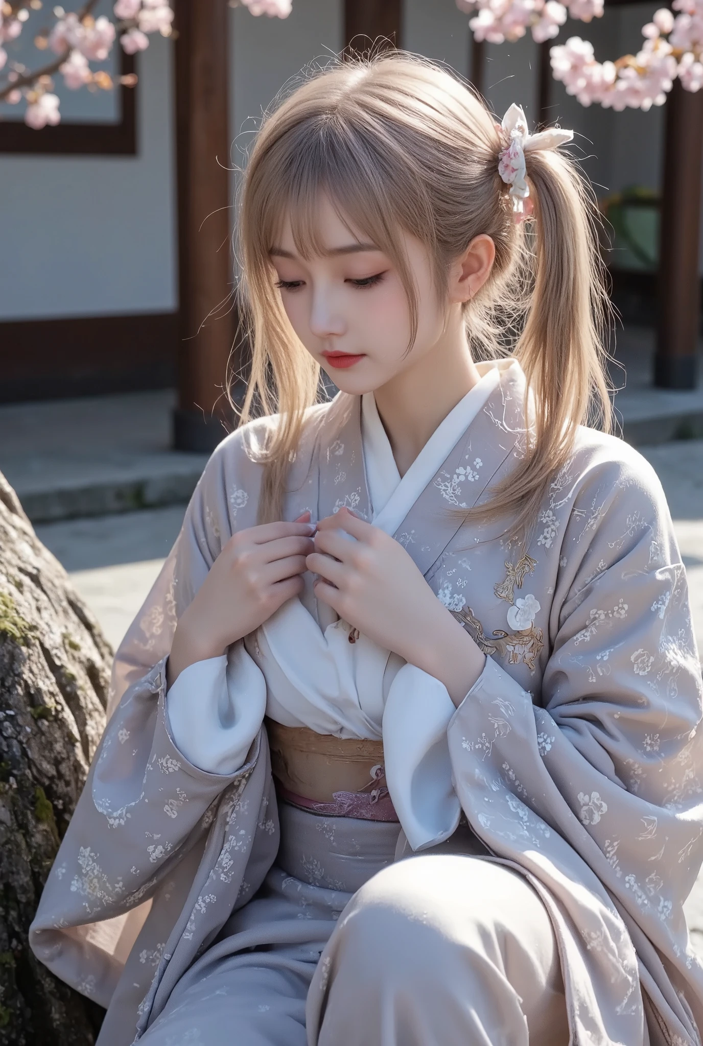 Woman in a kimono sitting on a tree with a cherry blossom in the ...