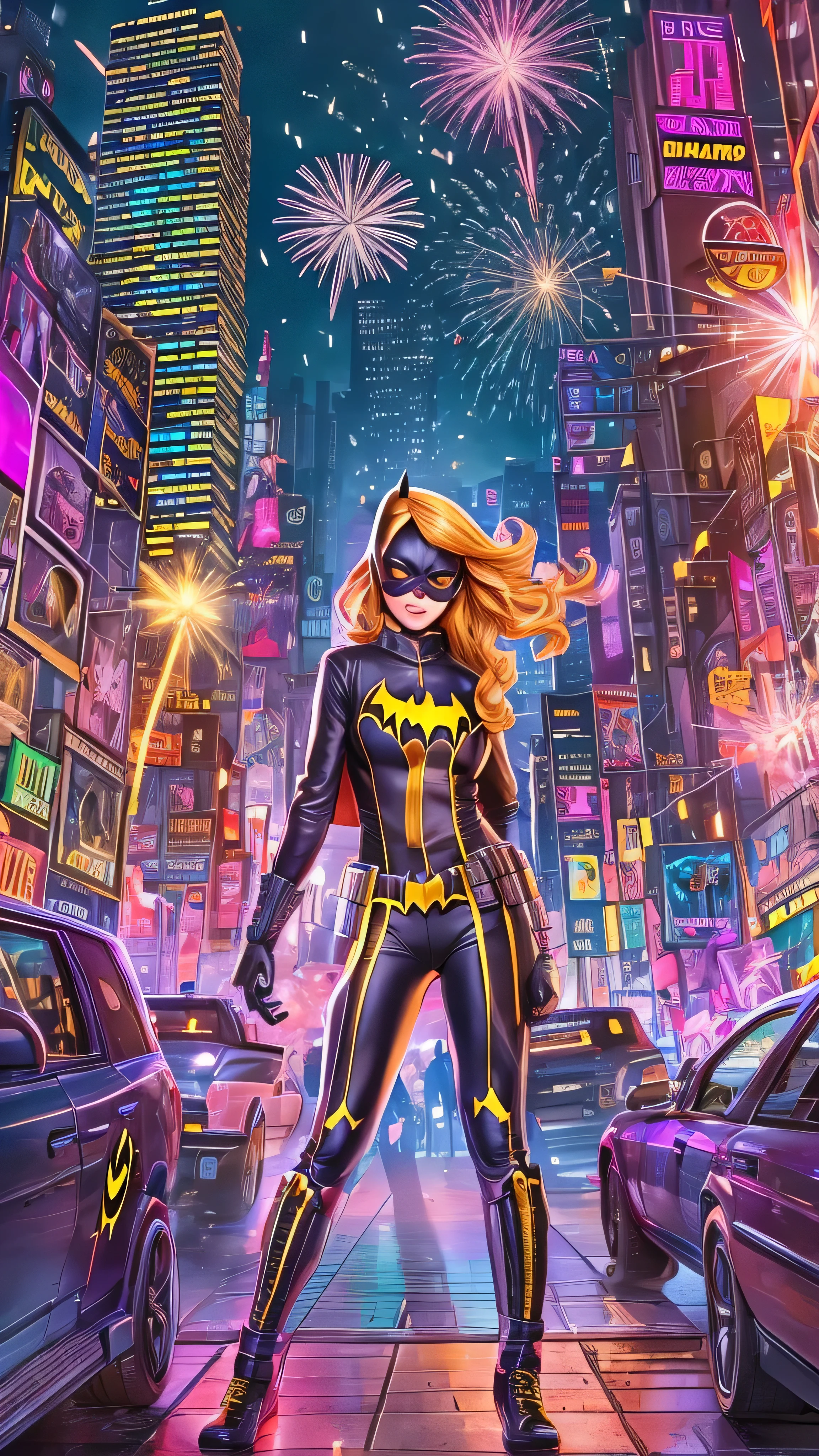  high-definition picture ，(( Batgirl's style )) I'm drawing a full-body image of Marvel、A full-body Marvel portrait against a neon city backdrop、Dazzler, Fireworks explode overhead . The background is a pop t-shirt with New York 。