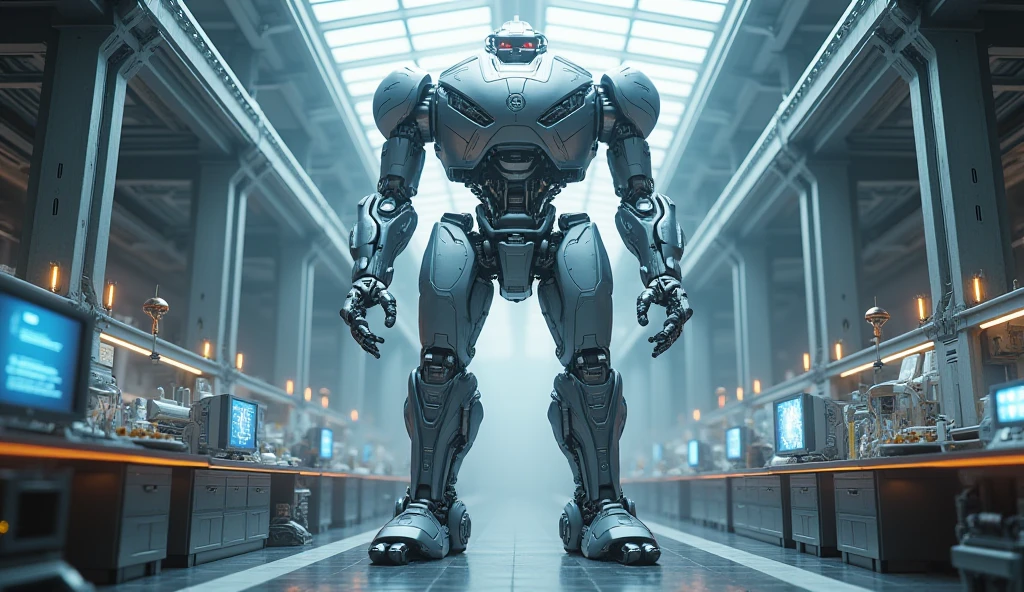 athroid in A robot with an anthroid Mecha design is standing in a laboratory. The robot has a humanoid shape and is wearing a lab coat. The Mecha design has a head that resembles a human head, but with a metallic finish. The robot is holding a tool in its hand. There are computers and equipment in the background.