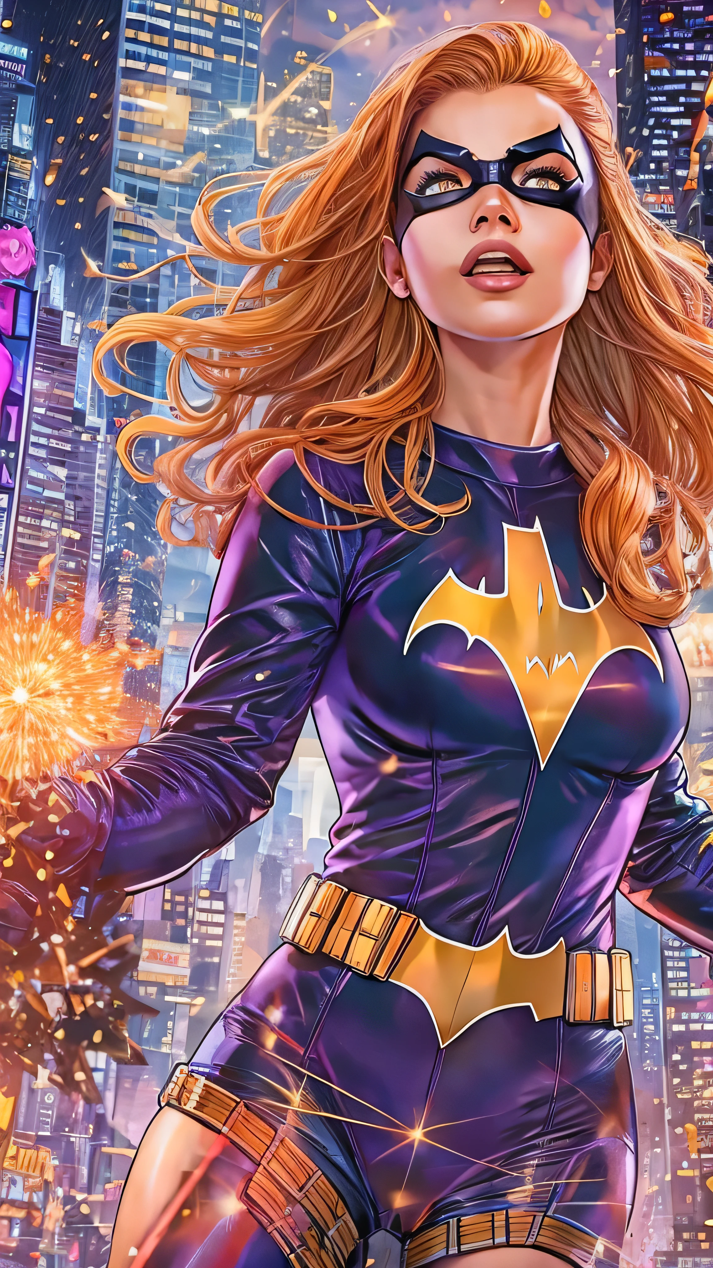  high-definition picture ，(( Batgirl's style )) I'm drawing a full-body image of Marvel、A full-body Marvel portrait against a neon city backdrop、Dazzler, Fireworks explode overhead . The background is a pop t-shirt with New York 。