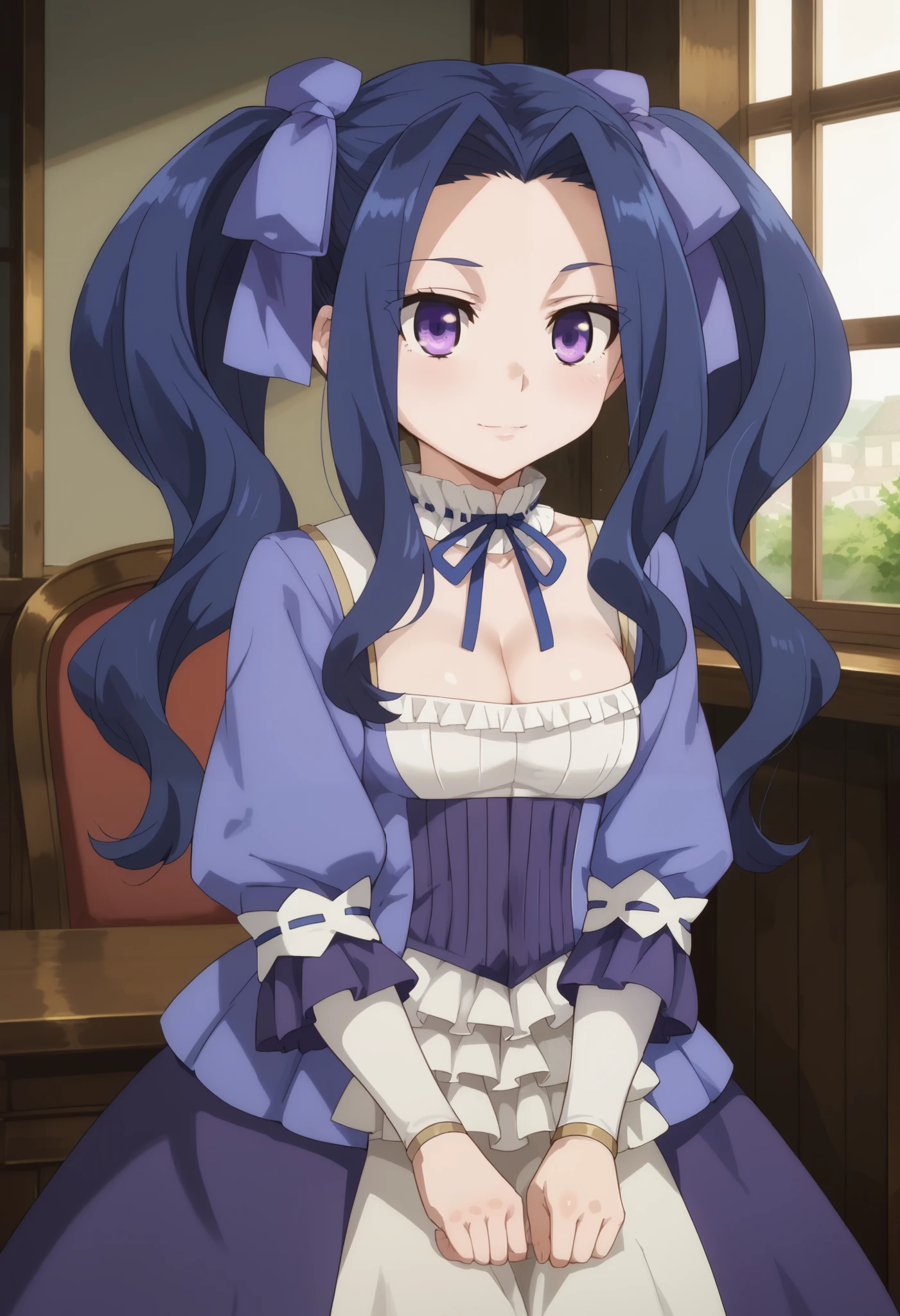 absurdres, masterpiece, best quality, amazing quality, uncensored, Nyanpyoun, null, shortstack (medium breast, curvy,)

1girl, solo, cleavage, light smile, window, moonlight, 

long sleeves, dress, frills, ribbon trim, purple dress,

melty q melromarc, long hair, ribbon, twintails, blue hair, purple eyes, hair ribbon, purple ribbon, parted bangs,