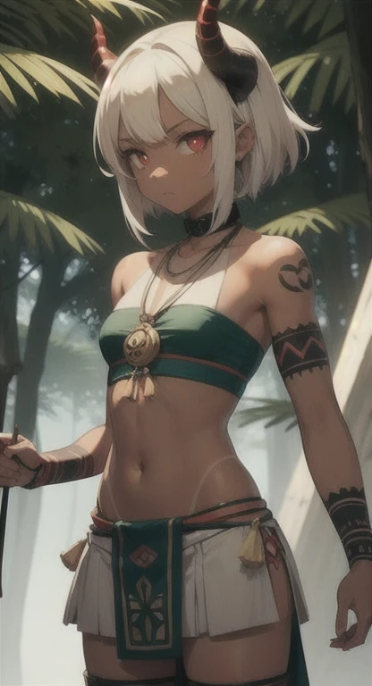 1boy, trap, wood elf, short white hair, green eyes, full lips, dark skin, white tribal tattoos, flat chest, thong, holding a bow, fantasy background, textured skin, UHD, UHD, UHD, UHD, award winning, high details, incredible high-key lighting and shadows, masterpiece, incredible illustration (anime style:1.5), modernism art, digital art pastel style, forest background