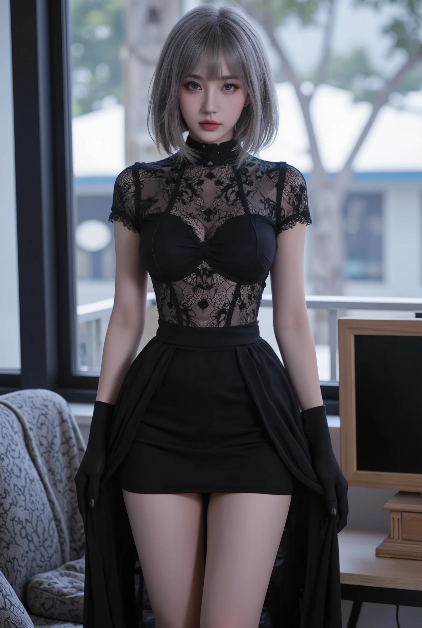Masterpiece, superlative, chinese spring dress, colored hair, outdoor, magazine cover, transparent short skirt,, suspenders, light tulle, wide hips, thin waist, smooth soft and delicate skin