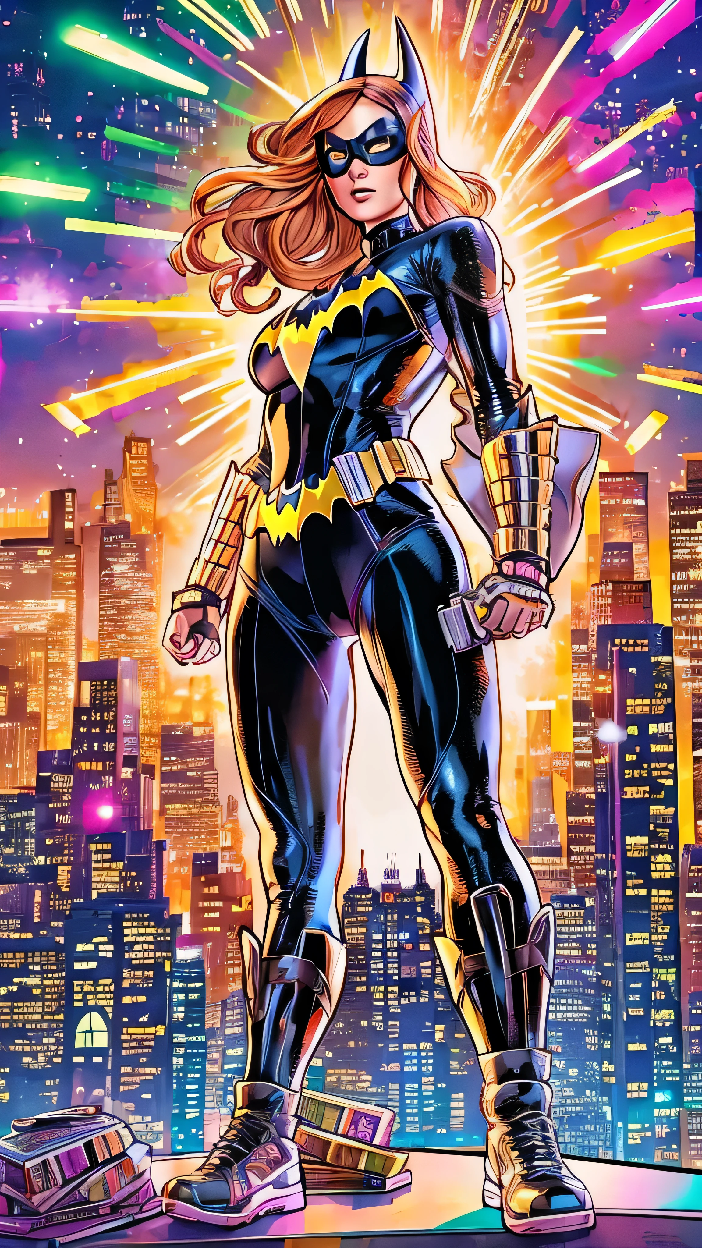  high-definition picture ，(( Batgirl's style )) I'm drawing a full-body image of Marvel、A full-body Marvel portrait against a neon city backdrop、Dazzler, Fireworks explode overhead . The background is a pop t-shirt with New York 。