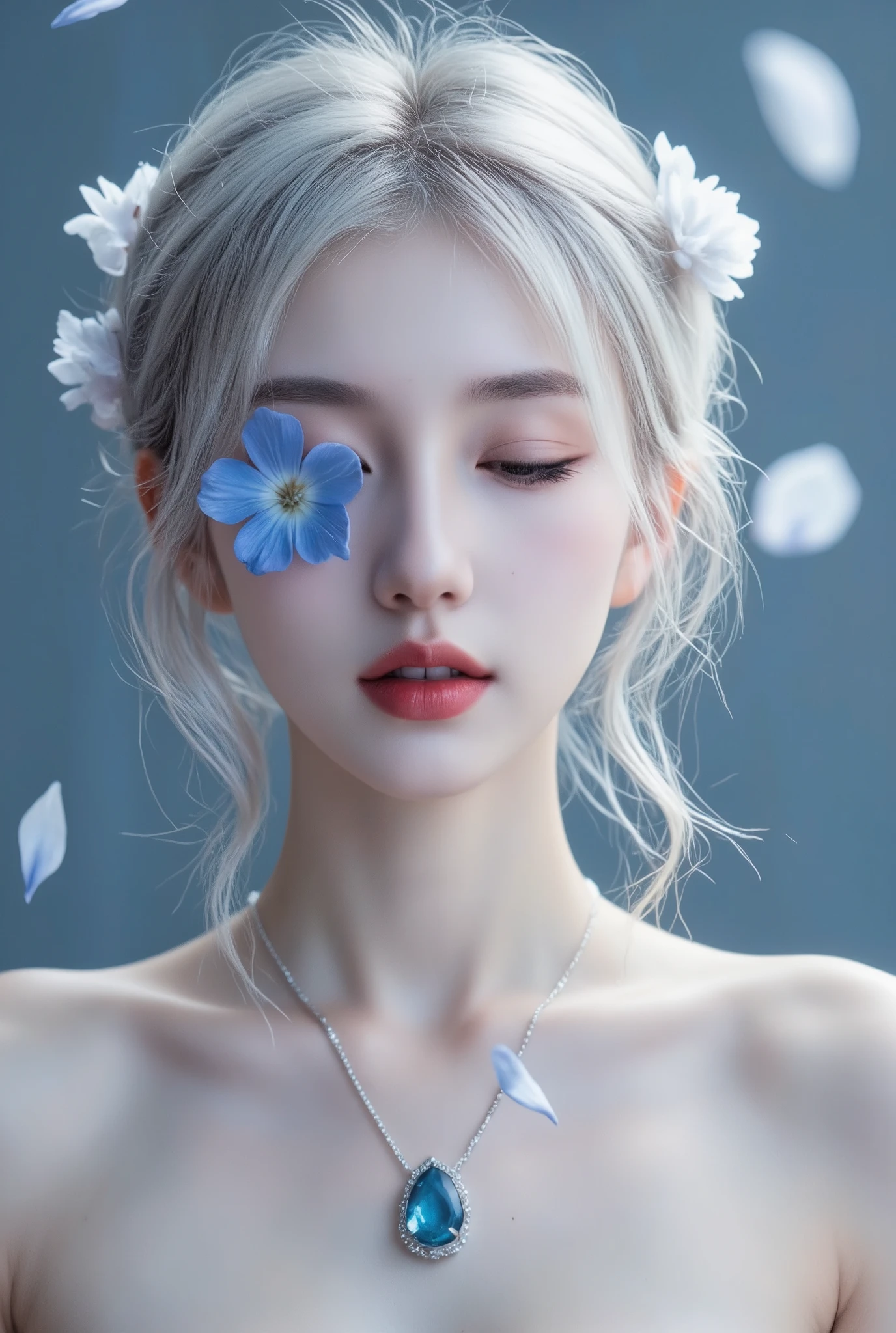 masterpiece, best quality, good quality, very aesthetic, absurdres, newest, 1girl, solo, long_hair, hair_ornament, dress, jewelry, upper_body, closed_eyes, white_hair, grey_hair, flower, earrings, parted_lips, teeth, hair_flower, necklace, collar, sparkle, petals, makeup, blue_dress, blue_background, portrait, gem, facing_viewer, blue_flower, one_eye_covered, blue_theme, red_lips, falling_petals, blue_gemstone, flower_over_eye