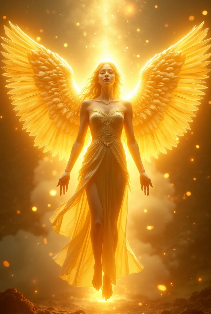 A golden winged woman on a black background