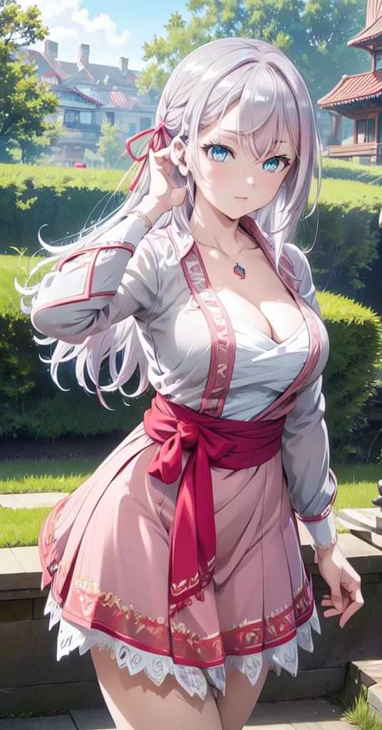 Masterpiece, best quality, highres, highly detailed, 1 girl, long hair, white hair, half - up style hair, red ribbons in right side head, aqua eyes, large breast, pink kabaya dress, public park, camera angle from under her, perfect finger shape, the number of fingers is not excessive, the number of fingers is perfect,