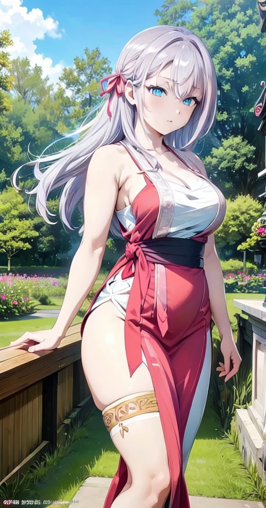 Masterpiece, best quality, highres, highly detailed, 1 girl, long hair, white hair, half - up style hair, red ribbons in right side head, aqua eyes, large breast, pink kabaya dress, public park, camera angle from under her, perfect finger shape, the number of fingers is not excessive, the number of fingers is perfect,