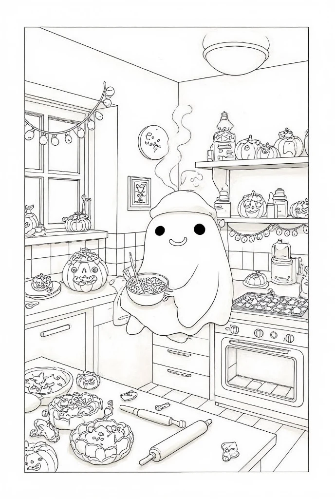 A whimsical, cozy coloring book page featuring a cheerful ghost baking cookies in a warm, inviting kitchen. The ghost is wearing a cute chef's hat and floating slightly above the floor, holding a wooden mixing spoon in one hand and a bowl of cookie dough in the other. The countertops are adorned with simple pumpkin-shaped decorations, including a pumpkin cookie jar, a string of pumpkin garlands hanging along the shelves, and small pumpkins on the windowsill. The oven nearby has a tray of cookies baking inside, with steam or delicious scent lines wafting out. Cookie cutters shaped like bats, stars, and pumpkins are scattered on the counter next to a rolling pin. The walls are lined with vintage-style shelves holding jars and spices, adding to the cozy aesthetic. The ghost looks delighted, surrounded by this playful, autumnal kitchen setting. All lines are simple and bold, with large spaces designed for s to easily color in