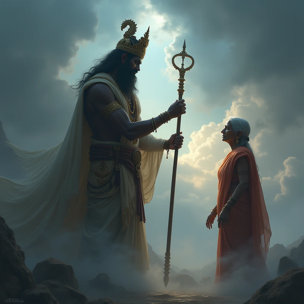 Male Orisha Ogum of the Afro religion in blue clothing with his sword in his hand, characteristics of Saint George in the clouds fighting the dragon