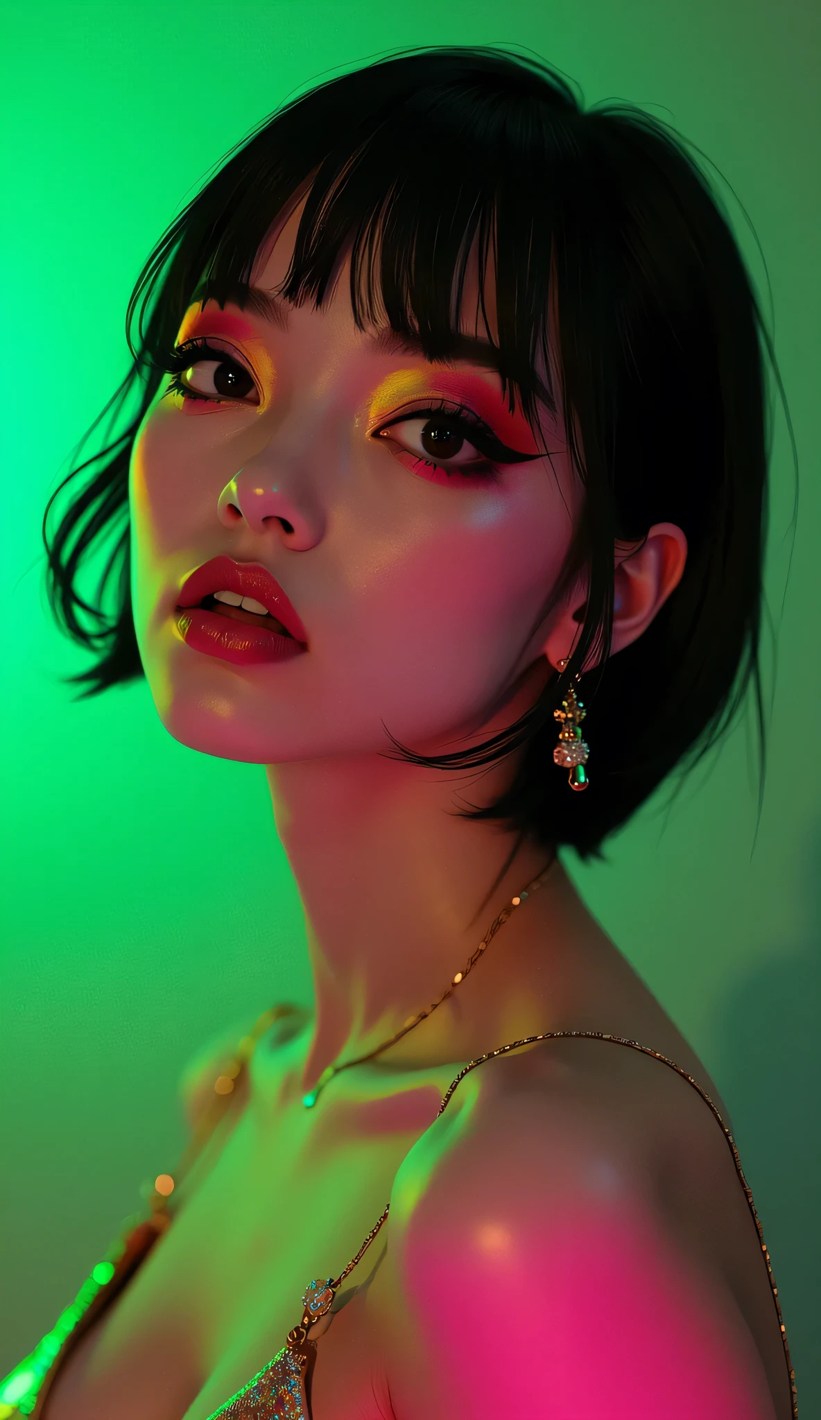 80’s glam rock makeup on shiny face, asian girl, anime, 2.5D, moody lighting, (green, pink, gold), pretty, sexy, minimal, sleek, slender, asian, elegant, futuristic, retro, sophisticated half human half machine, mouth open wide, Kizi,(eyes looking off to side), Highly detailed, Amazing work,Vitreous luster, blues, yellows, Best quality at best,shiny skin, no background, colorful background, green background, pink background, gold, background, plunging neckline, sexy pose, dynamic pose, heavy blushing, huge breasts,