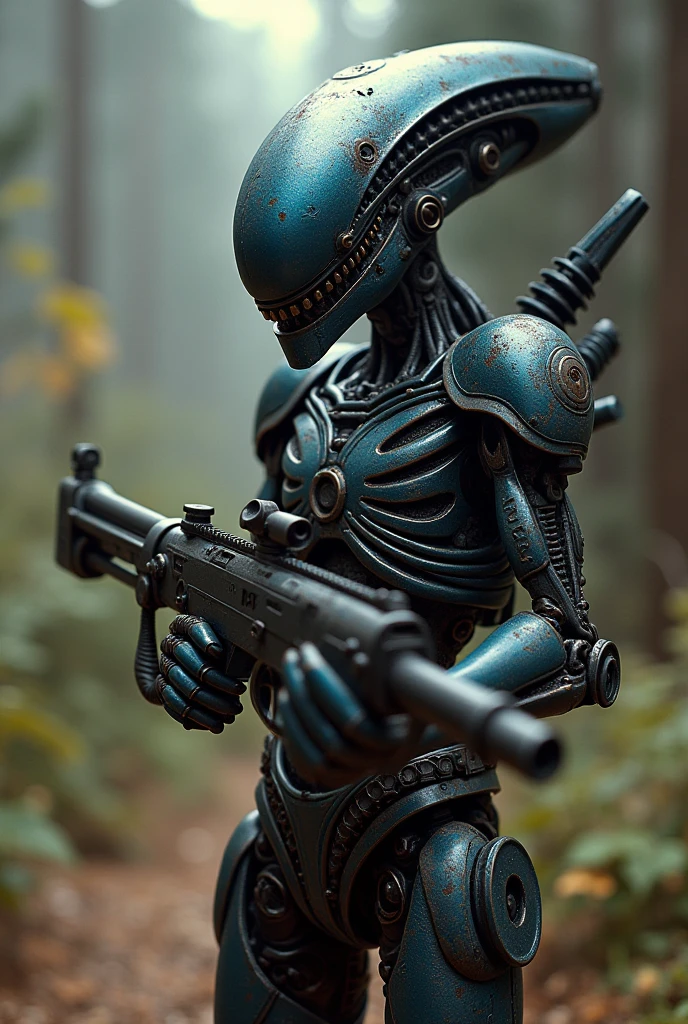Wearing postapocalytic rugged clothes, A (comic style image:1.4) of An intricate and beautiful Slate Gray sci-fi xenomorph figurine is popping out of an open mahogany jewelry box. The shimmering and refracting armor glows in the light from a dusty window. H.P. Lovecraft made the polished figurine standing in a ballet pose., made of scrap metal