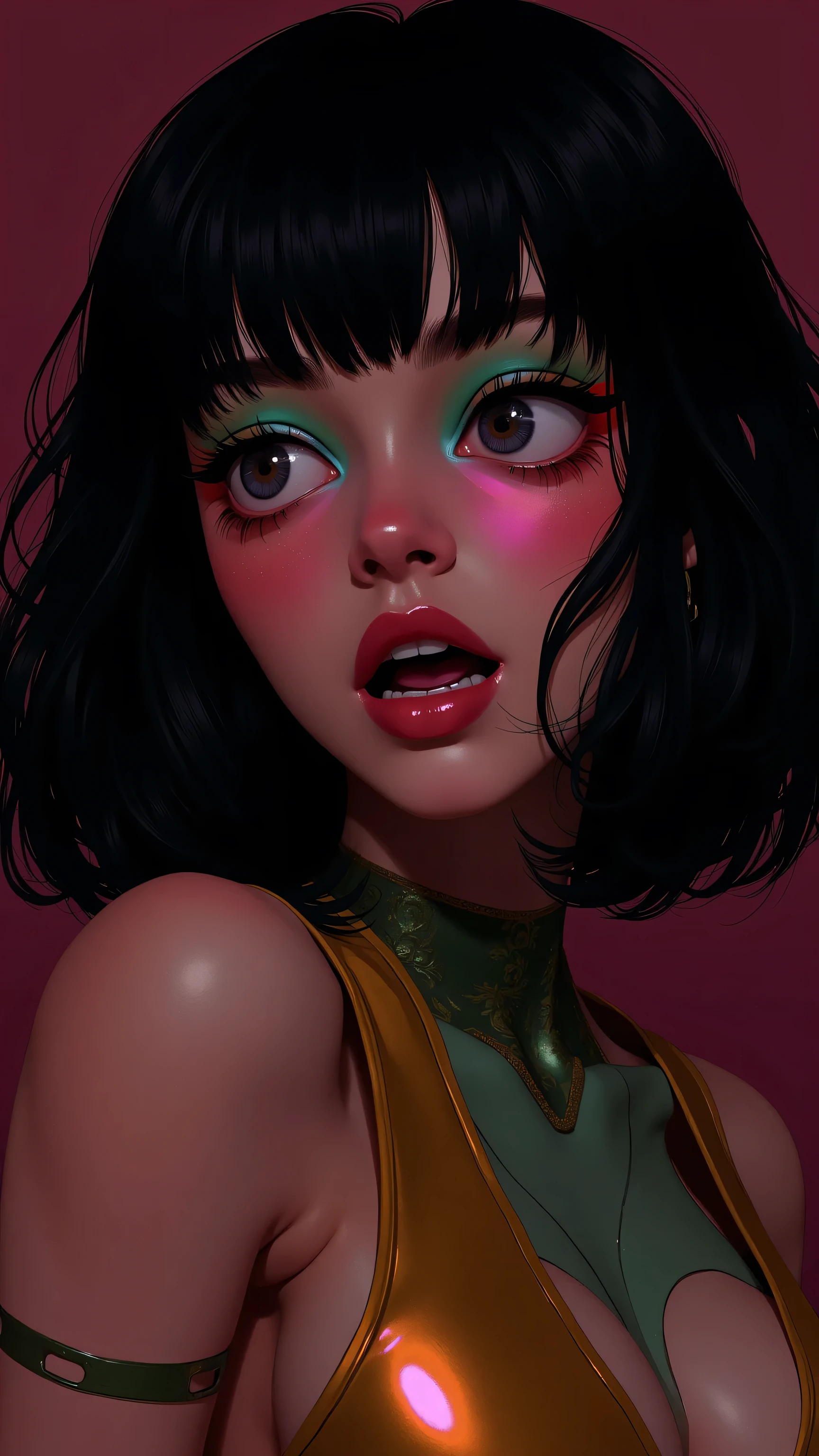 80’s glam rock makeup on shiny face, asian girl, anime, 2.5D, moody lighting, (green, pink, gold), pretty, sexy, minimal, sleek, slender, asian, elegant, futuristic, retro, sophisticated half human half machine, mouth open wide, Kizi，(eyes looking off to side), Highly detailed, Amazing work，Vitreous luster, blues, yellows, Best quality at best，shiny skin, no background, colorful background, green background, pink background, gold, background, plunging neckline, sexy pose, dynamic pose, heavy blushing, huge breasts, 