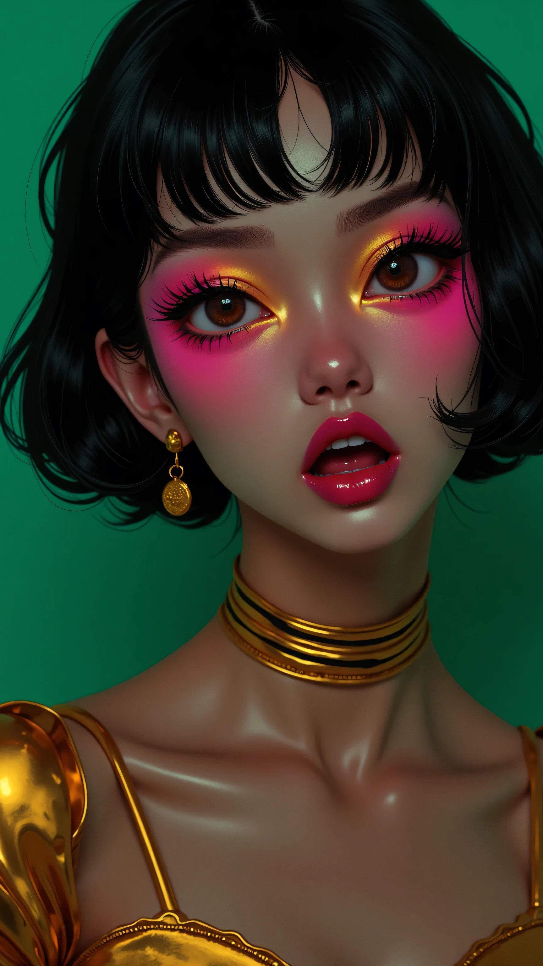 80’s glam rock makeup on shiny face, asian girl, anime, 2.5D, moody lighting, (green, pink, gold), pretty, sexy, minimal, sleek, slender, asian, elegant, futuristic, retro, sophisticated half human half machine, mouth open wide, Kizi,(eyes looking off to side), Highly detailed, Amazing work,Vitreous luster, blues, yellows, Best quality at best,shiny skin, no background, colorful background, green background, pink background, gold, background, plunging neckline, sexy pose, dynamic pose, heavy blushing, huge breasts,