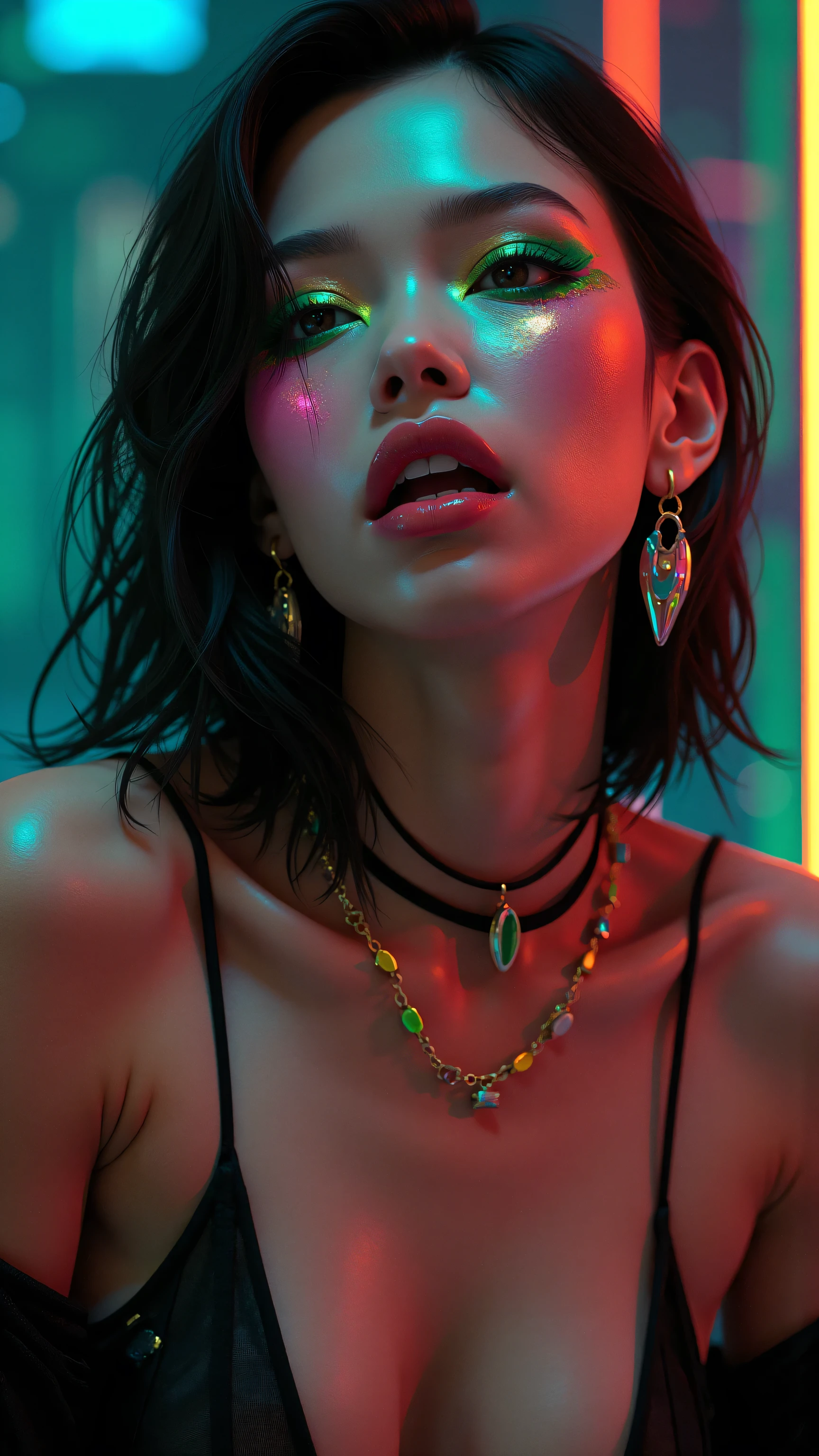 80’s glam rock makeup on shiny face, asian girl, anime, 2.5D, moody lighting, (green, pink, gold), pretty, sexy, minimal, sleek, slender, asian, elegant, futuristic, retro, sophisticated half human half machine, mouth open wide, Kizi，(eyes looking off to side), Highly detailed, Amazing work，Vitreous luster, blues, yellows, Best quality at best，shiny skin, no background, colorful background, green background, pink background, gold, background, plunging neckline, sexy pose, dynamic pose, heavy blushing, huge breasts, 