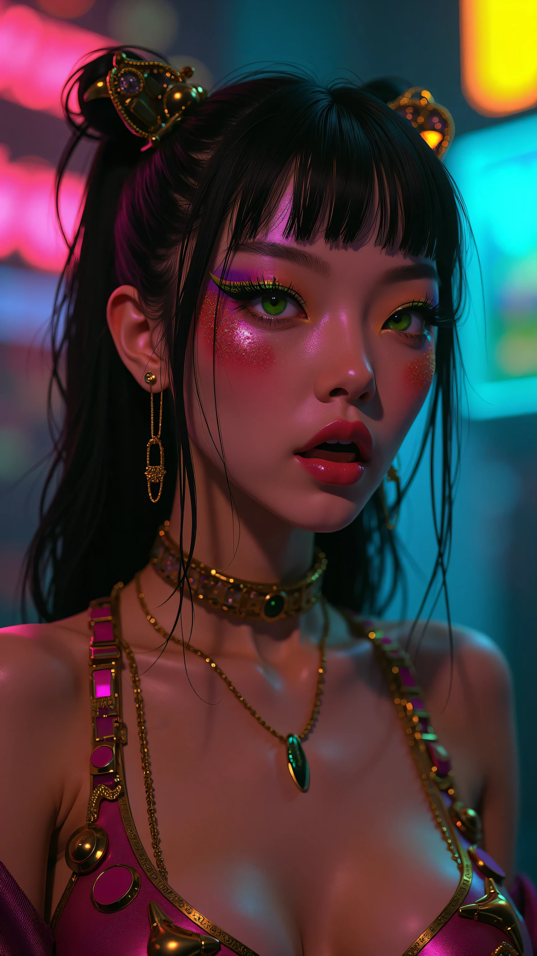 80’s glam rock makeup on shiny face, asian girl, anime, 2.5D, moody lighting, (green, pink, gold), pretty, sexy, minimal, sleek, slender, asian, elegant, futuristic, retro, sophisticated half human half machine, mouth open wide, Kizi，(eyes looking off to side), Highly detailed, Amazing work，Vitreous luster, blues, yellows, Best quality at best，shiny skin, no background, colorful background, green background, pink background, gold, background, plunging neckline, sexy pose, dynamic pose, heavy blushing, huge breasts, 