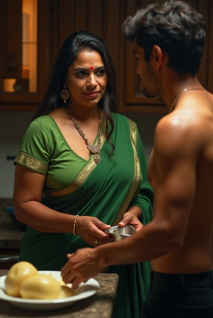 A radiant, full-figured South Indian 45-year-old aunty wearing a light green chiffon saree and blouse, tenderly hugging a jubilant group of  25-year-old men in  living room, captured in a full-body image with vibrant hues and meticulous details.