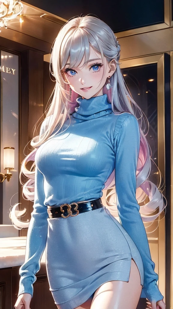 (Masterpiece, Ultra High Definition, Ultra High Quality / 8K Quality), A woman with the most beautiful face and body in history, Anime, Slim body, Tall height, Small face, Very large and full breasts, Thin waist, Big hips, Balanced proportions, Shiny hair, silver hair, long bangs, (((Updo hair:1.2))), Beautiful and shining eyes, (Clear dark grey eyes:1.2), (((Eyes with shining highlights:1.2))), Long eyelashes, Pink lips, ((Precise, beautiful and exquisite hand and five fingers creation)), (((Charming smile))), (Winter casual fashion), (((light blue Turtleneck sweater))), (((Long sleeve short jacket))), (Tight micro mini skirt, front slit skirt), (Elegant appearance), Red rose hair accessory, Elegant design necklace, (Big earrings), (Bangles), (Ring), Beautiful standing posture like a fashion model, (Shopping at the winter mall background)
