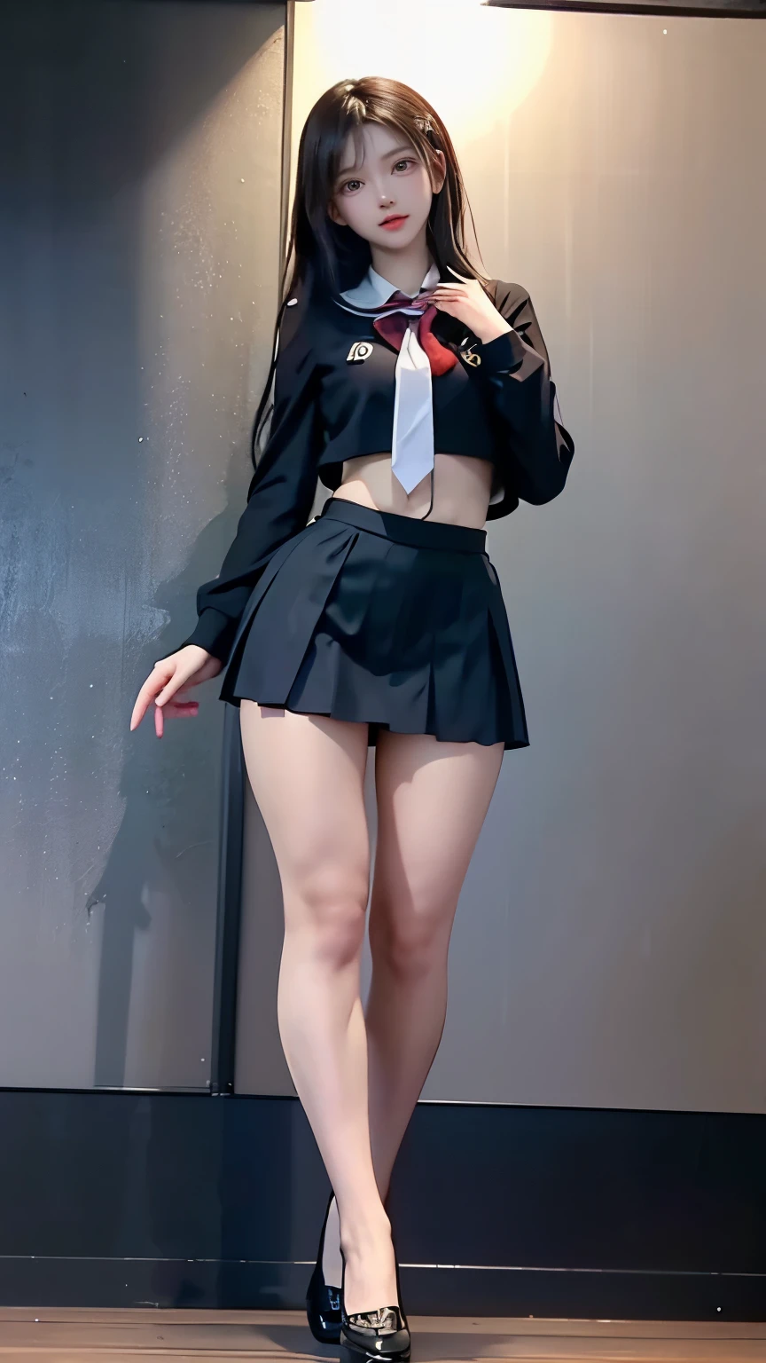 Beautiful Japanese Waifu, early 30s, brunette hair, wearing fantasy sailor’s dress, very short skirt, pink lace knickers, short black socks, black shoe