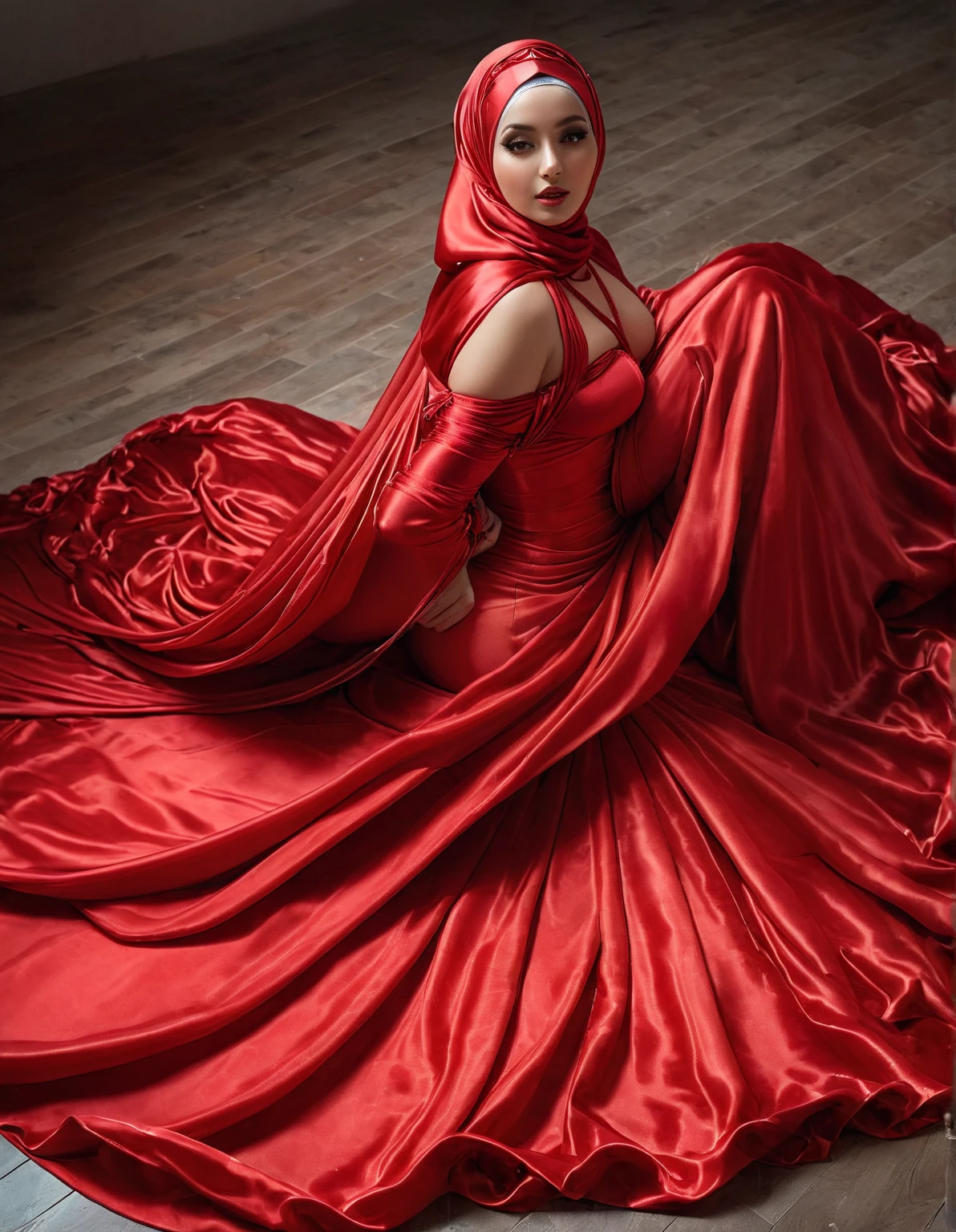 A slave woman shrouded in a 7-meter-long, plush red satin cloth, tightly bound and grandly draping along the form of her body, flowing off into a pooled floor-length train, styled in a mermaid-inspired outfit, her head modestly veiled in a satin hijab, wear corset, a full-body pose conveying a sense of mysterious elegance, captured in a 4k resolution, ultra-realistic