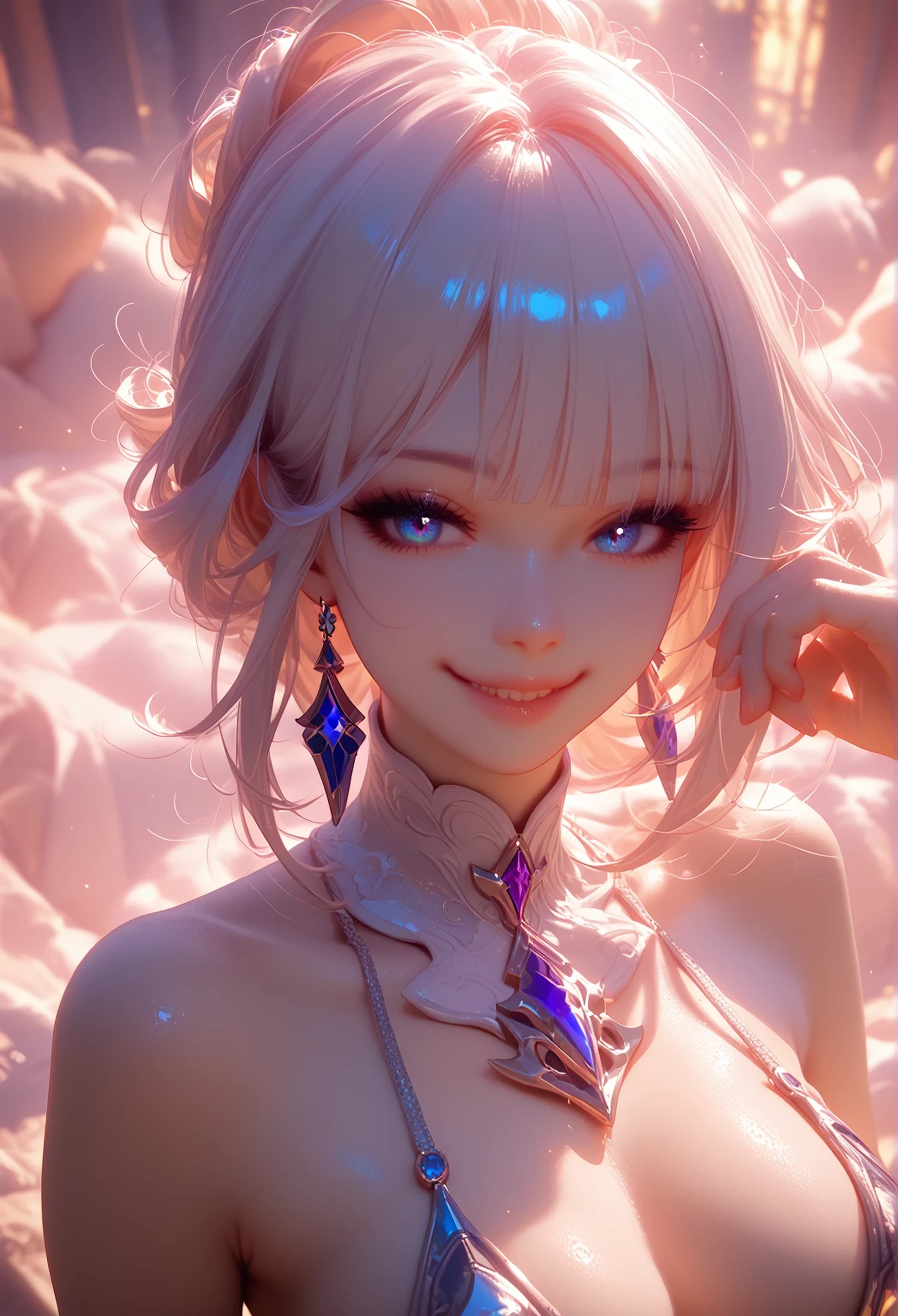 Detailed, character, beautiful girl, fair skin, pale, violet eyes, rosy cheeks, silver hair, slender bodies, full body, thin, medium bust, captivating smile, perfect face, detailed, 8k