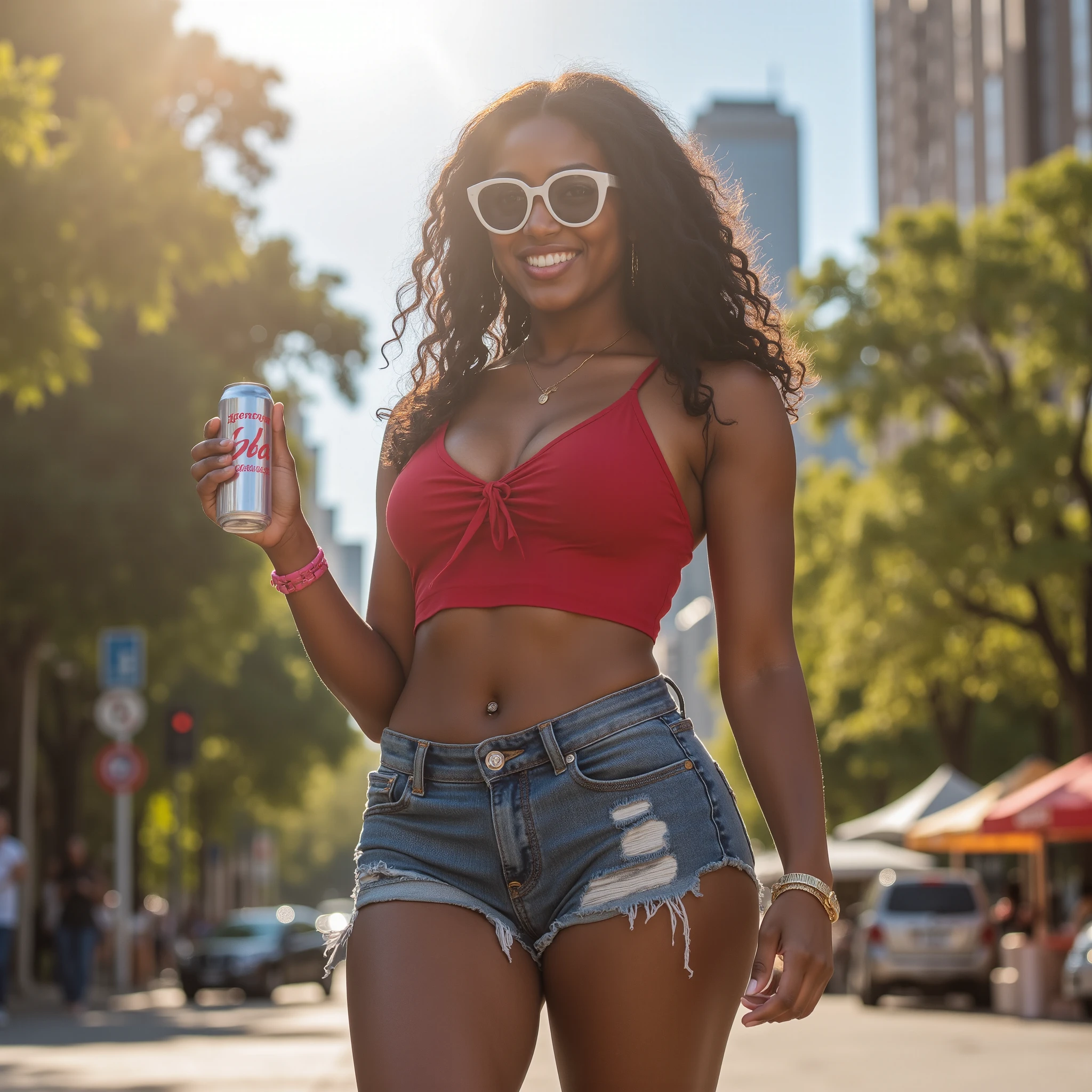 Professional photograph of a beautiful 19-year-old woman smiling in a square in a large metropolis. Her skin is dark, her hair is curly black, she is wearing a red crop top with a gypsy neckline, short, frayed denim shorts, and white-framed sunglasses. She has an athletic body and is holding a can of soda in her right hand. She smiles brightly at the viewer with her combs and well-defined lips. She is in a square with many trees and in the background you can see a blurred metropolis. Sunny day, summer, sunbeams, rays of God, natural light, bookish effect, depth of field, light scattering, high exposure. Full body.