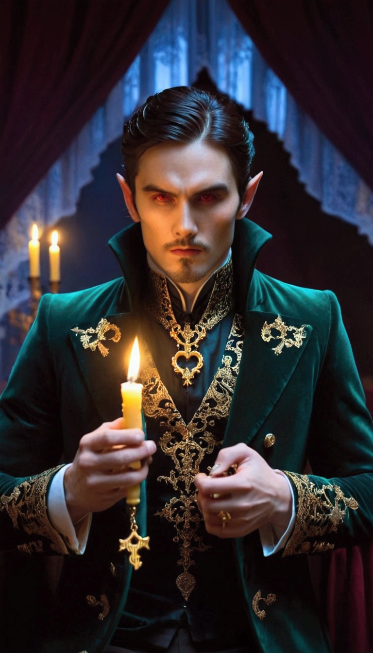 A vampire man,   sitting on a dark green velvet throne  , wearing a dark teal coat  ,   adorned and embroidered with gold and metallic arabesques  .   The coat is accented by golden details  ,   that resembles an intricate dragon embroidery on gold thread .   He also wears a matching vest and a tie with ruffles  .   His hair is dark  , carefully combed.   Her expression is intense  , macabre, real cases ,   and shows its very long fangs in a bite movement  .   Holds a golden object   (  similar to an exquisitely ornamented miniature antique key  ) in your hands.   The room is dimly illuminated by candles  ,   creating a warm glow with a dark and dramatic atmosphere  .   The background of the throne is rich and dark  ,   with very high backrest and touches of Gothic aesthetics  .   Hyperrealistic representation of the fabrics and details  ,   highlighting textures and shadows  .   Include detailed elements such as embroidered patterns  , jewelry, .   Focus on the man's facial expression and posture to convey a sense of power and mystery.   Use Strong Colors  ,   deep shadows  ,   and a warm neon light reflected by the candles  .