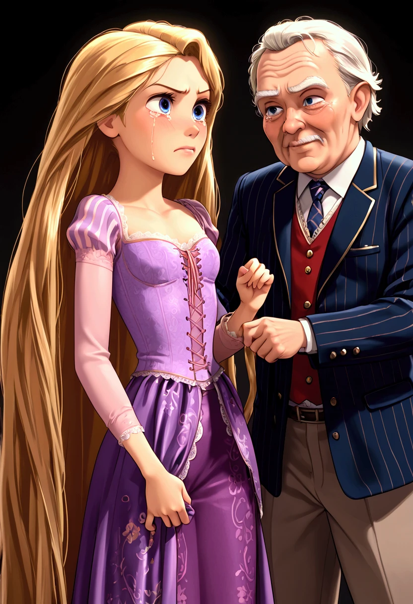 1girl ,rapunzel, skinny, beautiful, blue eyes, ((red dress)), angry, crying, old man grabs her ass under the skirt, grabbing girl´s panties,