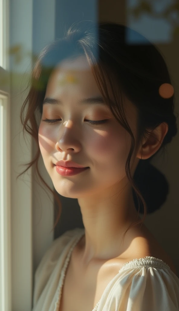 A Japanese woman working in natural light、Chest close-up and calm expression.、It represents her inner peace and outer charm..。