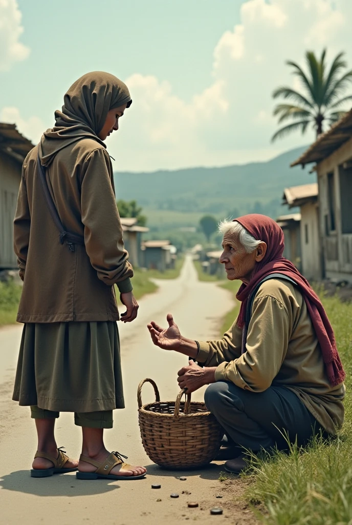 (route e noemi viajando para Belém:
"route e noemi, on a dusty road surrounded by mountains, with Naomi leaning on a staff and Ruth carrying a small bag of provisions."
Esther in prayer: