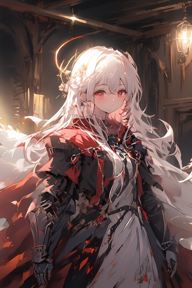 1girl, Whole body diagram, red eyes, solo, long hair, armor, white hair, closed mouth, bangs, gauntlets, hair between eyes,  shoulder armor, cape, red cape, dress, armored dress, standing, indoors, random lights, whisper, fractal
