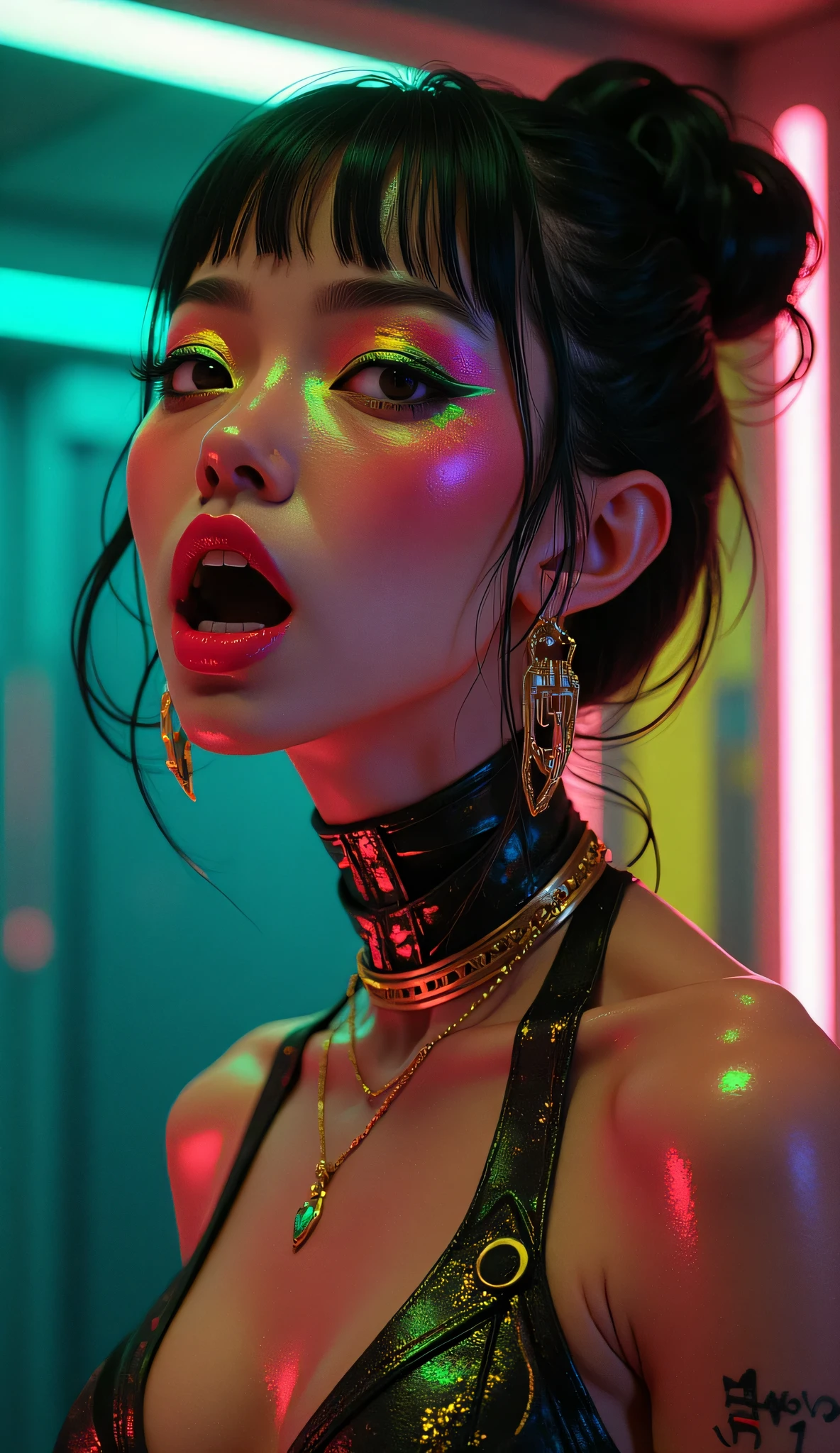 80’s glam rock makeup on shiny face, asian girl, anime, 2.5D, moody lighting, (green, pink, gold), pretty, sexy, minimal, sleek, slender, asian, elegant, futuristic, retro, sophisticated half human half machine, mouth open wide, Kizi,(eyes looking off to side), Highly detailed, Amazing work,Vitreous luster, blues, yellows, Best quality at best,shiny skin, no background, colorful background, green background, pink background, gold, background, plunging neckline, sexy pose, dynamic pose, heavy blushing, huge breasts,