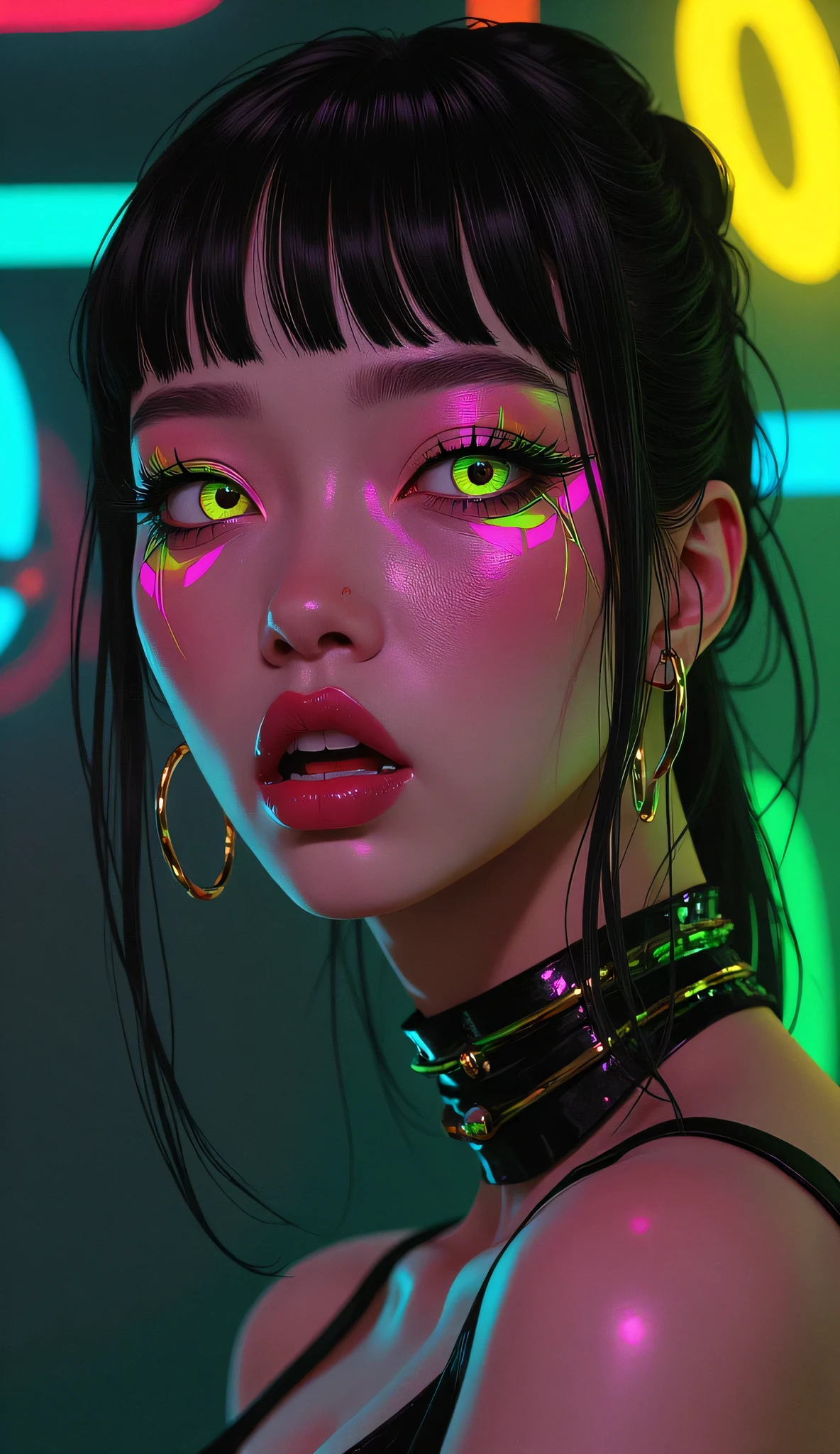 80’s glam rock makeup on shiny face, asian girl, anime, 2.5D, moody lighting, (green, pink, gold), pretty, sexy, minimal, sleek, slender, asian, elegant, futuristic, retro, sophisticated half human half machine, mouth open wide, Kizi，(eyes looking off to side), Highly detailed, Amazing work，Vitreous luster, blues, yellows, Best quality at best，shiny skin, no background, colorful background, green background, pink background, gold, background, plunging neckline, sexy pose, dynamic pose, heavy blushing, huge breasts, 