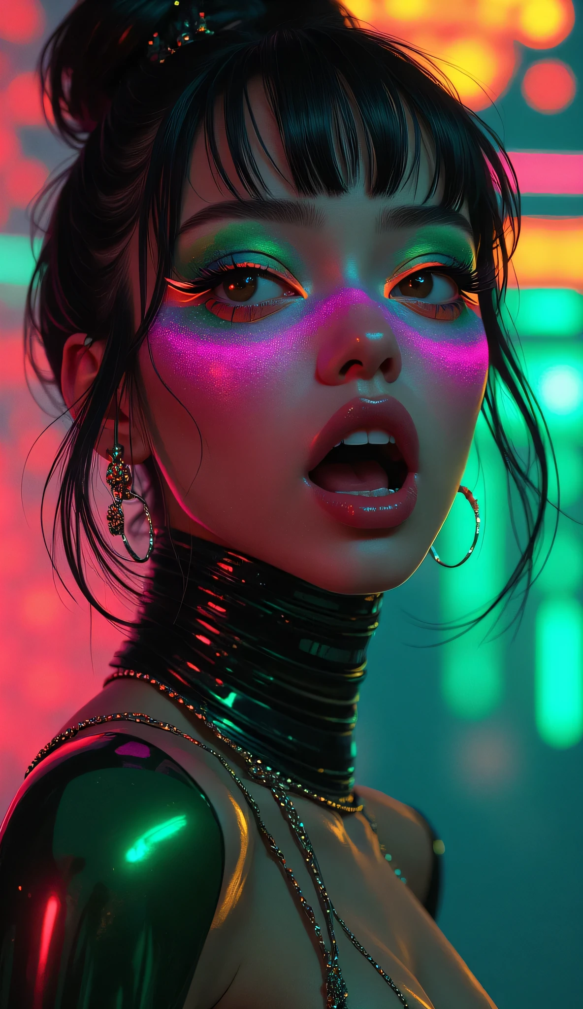 80’s glam rock makeup on shiny face, asian girl, anime, 2.5D, moody lighting, (green, pink, gold), pretty, sexy, minimal, sleek, slender, asian, elegant, futuristic, retro, sophisticated half human half machine, mouth open wide, Kizi,(eyes looking off to side), Highly detailed, Amazing work,Vitreous luster, blues, yellows, Best quality at best,shiny skin, no background, colorful background, green background, pink background, gold, background, plunging neckline, sexy pose, dynamic pose, heavy blushing, huge breasts,