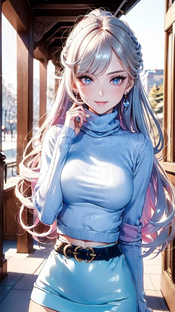 (Masterpiece, Ultra High Definition, Ultra High Quality / 8K Quality), A woman with the most beautiful face and body in history, Anime, Slim body, Tall height, Small face, Very large and full breasts, Thin waist, Big hips, Balanced proportions, Shiny hair, silver hair, long bangs, (((Updo hair:1.2))), Beautiful and shining eyes, (Clear dark grey eyes:1.2), (((Eyes with shining highlights:1.2))), Long eyelashes, Pink lips, ((Precise, beautiful and exquisite hand and five fingers creation)), (((Charming smile))), (Winter casual fashion), (((light blue Turtleneck sweater))), (((Long sleeve short jacket))), (Tight micro mini skirt, front slit skirt), (Elegant appearance), Red rose hair accessory, Elegant design necklace, (Big earrings), (Bangles), (Ring), Beautiful standing posture like a fashion model, (Shopping at the winter mall background)
