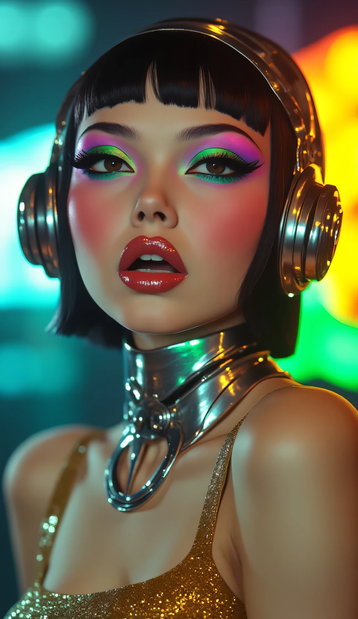 80’s glam rock makeup on shiny face, asian girl, anime, 2.5D, moody lighting, (green, pink, gold), pretty, sexy, minimal, sleek, slender, asian, elegant, futuristic, retro, sophisticated half human half machine, mouth open wide, Kizi,(eyes looking off to side), Highly detailed, Amazing work,Vitreous luster, blues, yellows, Best quality at best,shiny skin, no background, colorful background, green background, pink background, gold, background, plunging neckline, sexy pose, dynamic pose, heavy blushing, huge breasts,