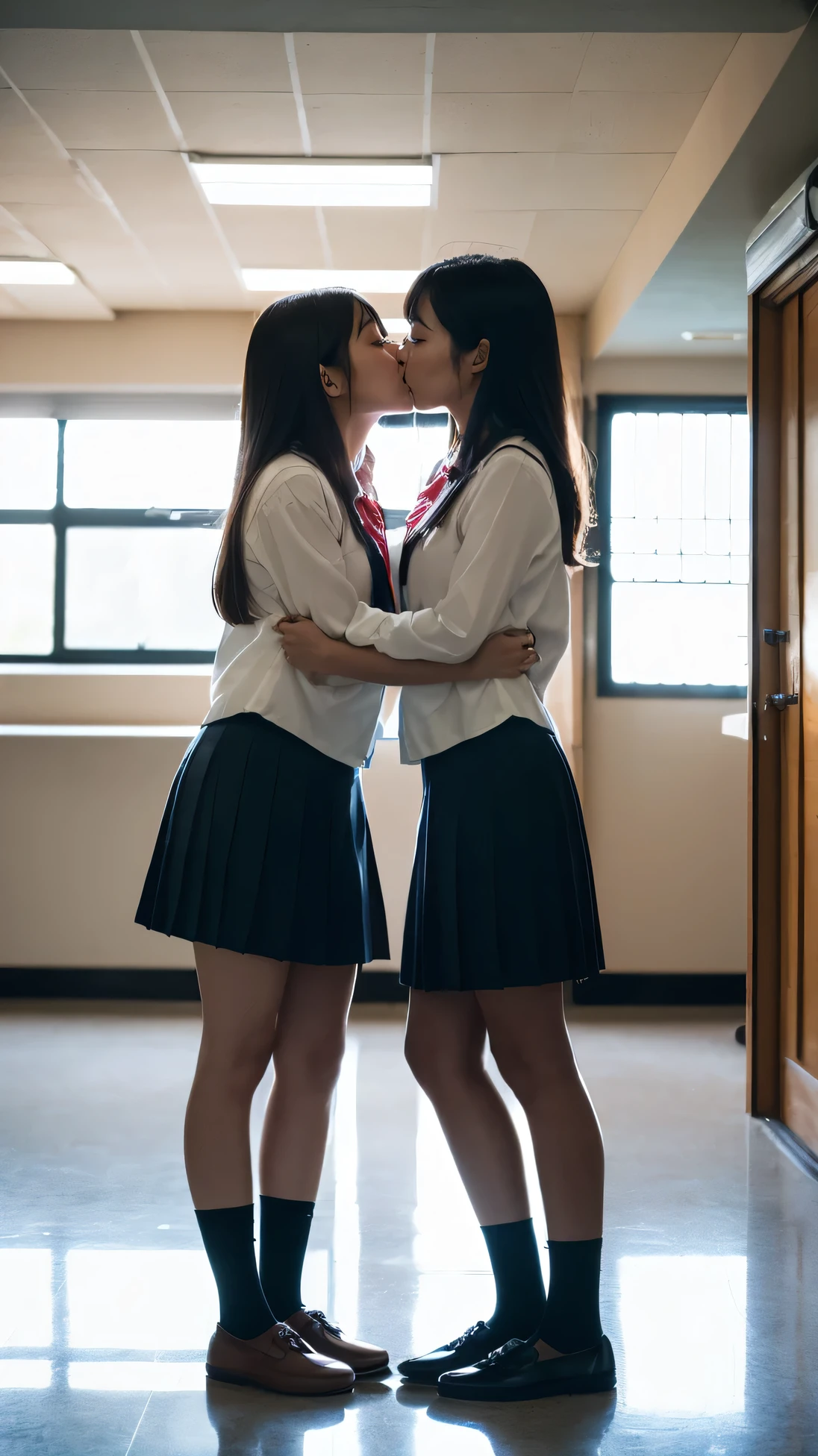 Two Hot sexy, busty, and curvy Korean girl with big wearing very hot short school skirt, kissing.