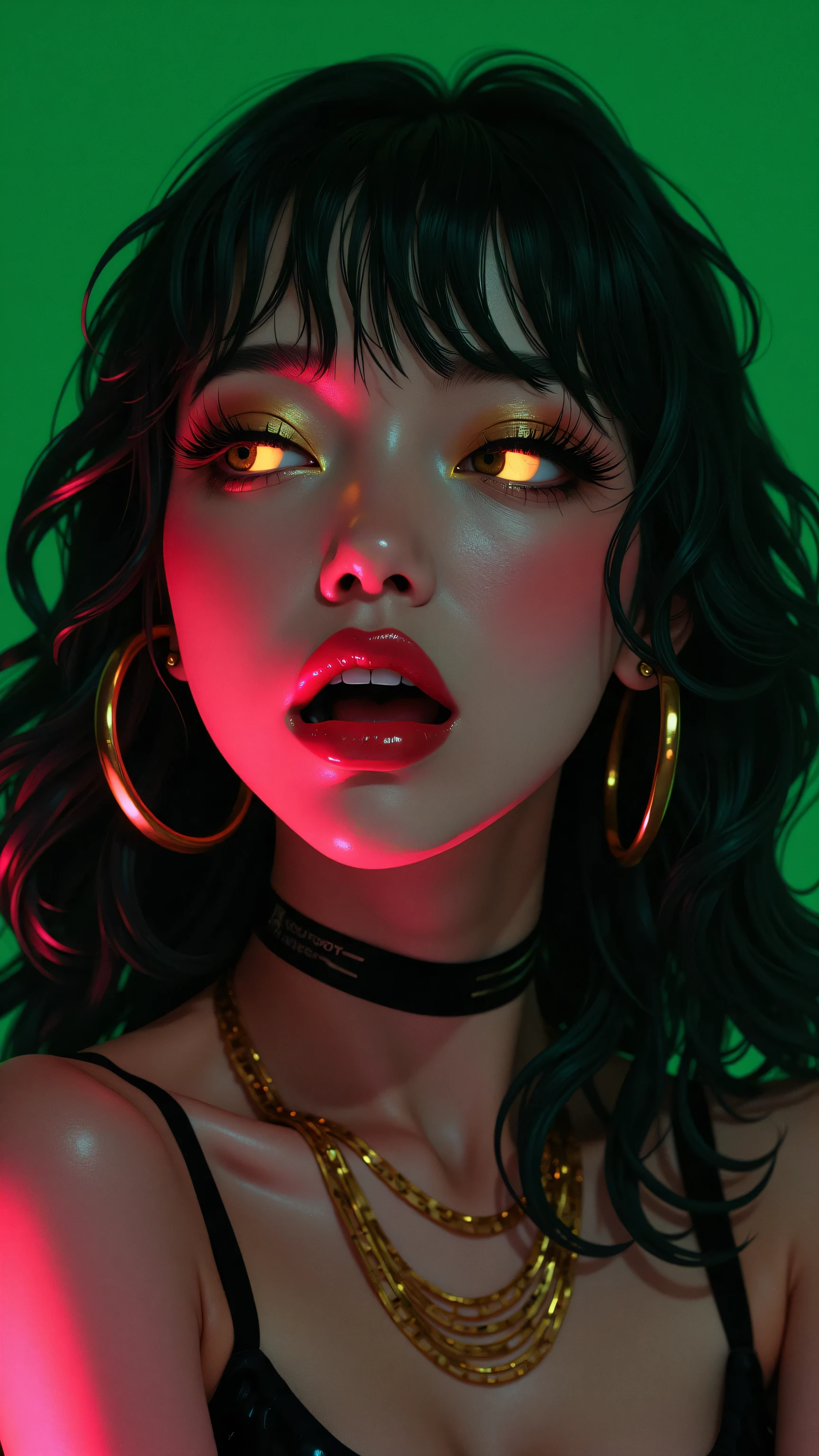 80’s glam rock makeup on shiny face, asian girl, anime, 2.5D, moody lighting, (green, pink, gold), pretty, sexy, minimal, sleek, slender, asian, elegant, futuristic, retro, sophisticated half human half machine, mouth open wide, Kizi,(eyes looking off to side), Highly detailed, Amazing work,Vitreous luster, blues, yellows, Best quality at best,shiny skin, no background, colorful background, green background, pink background, gold, background, plunging neckline, sexy pose, dynamic pose, heavy blushing, huge breasts,