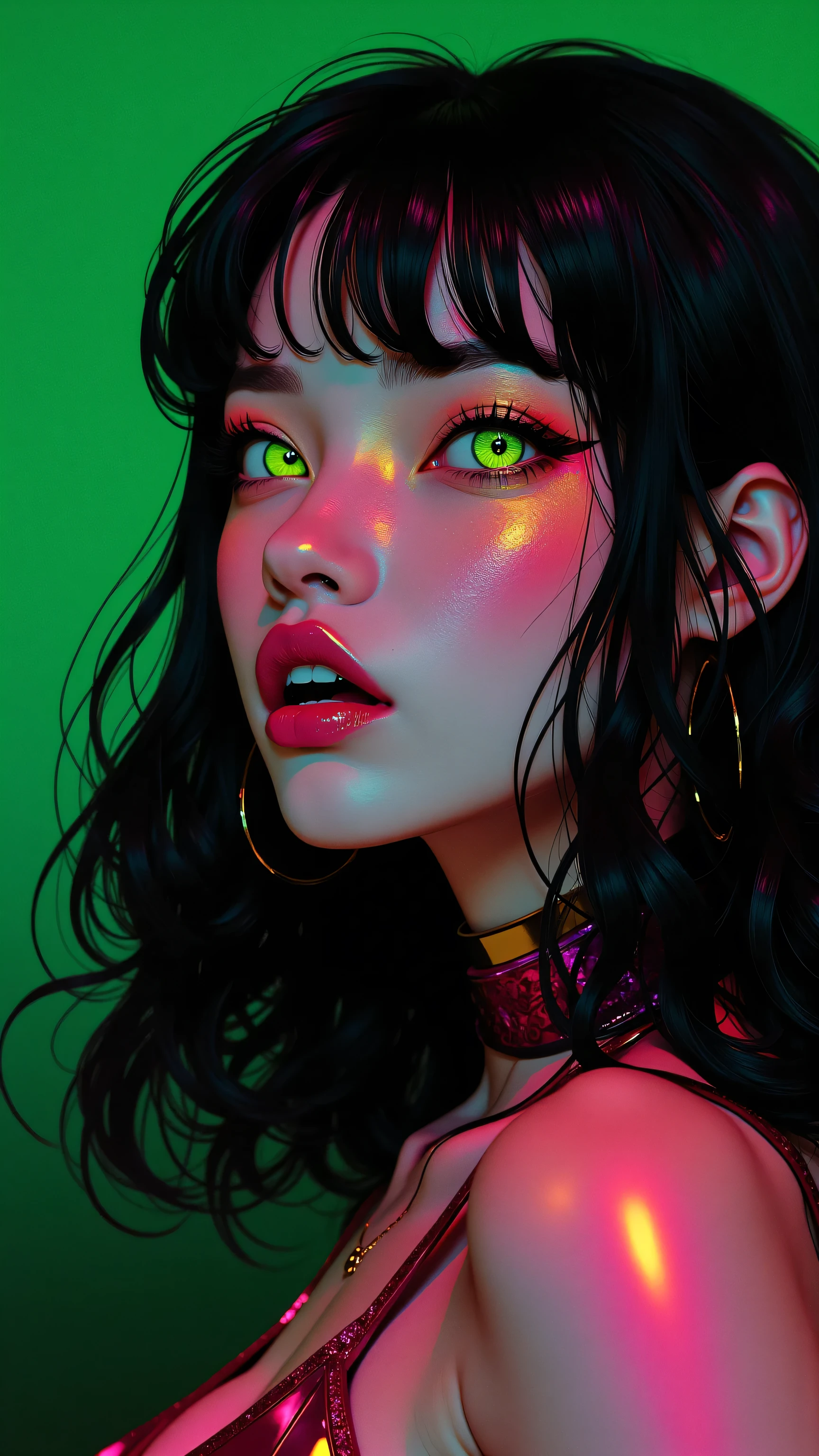 80’s glam rock makeup on shiny face, asian girl, anime, 2.5D, moody lighting, (green, pink, gold), pretty, sexy, minimal, sleek, slender, asian, elegant, futuristic, retro, sophisticated half human half machine, mouth open wide, Kizi，(eyes looking off to side), Highly detailed, Amazing work，Vitreous luster, blues, yellows, Best quality at best，shiny skin, no background, colorful background, green background, pink background, gold, background, plunging neckline, sexy pose, dynamic pose, heavy blushing, huge breasts, 
