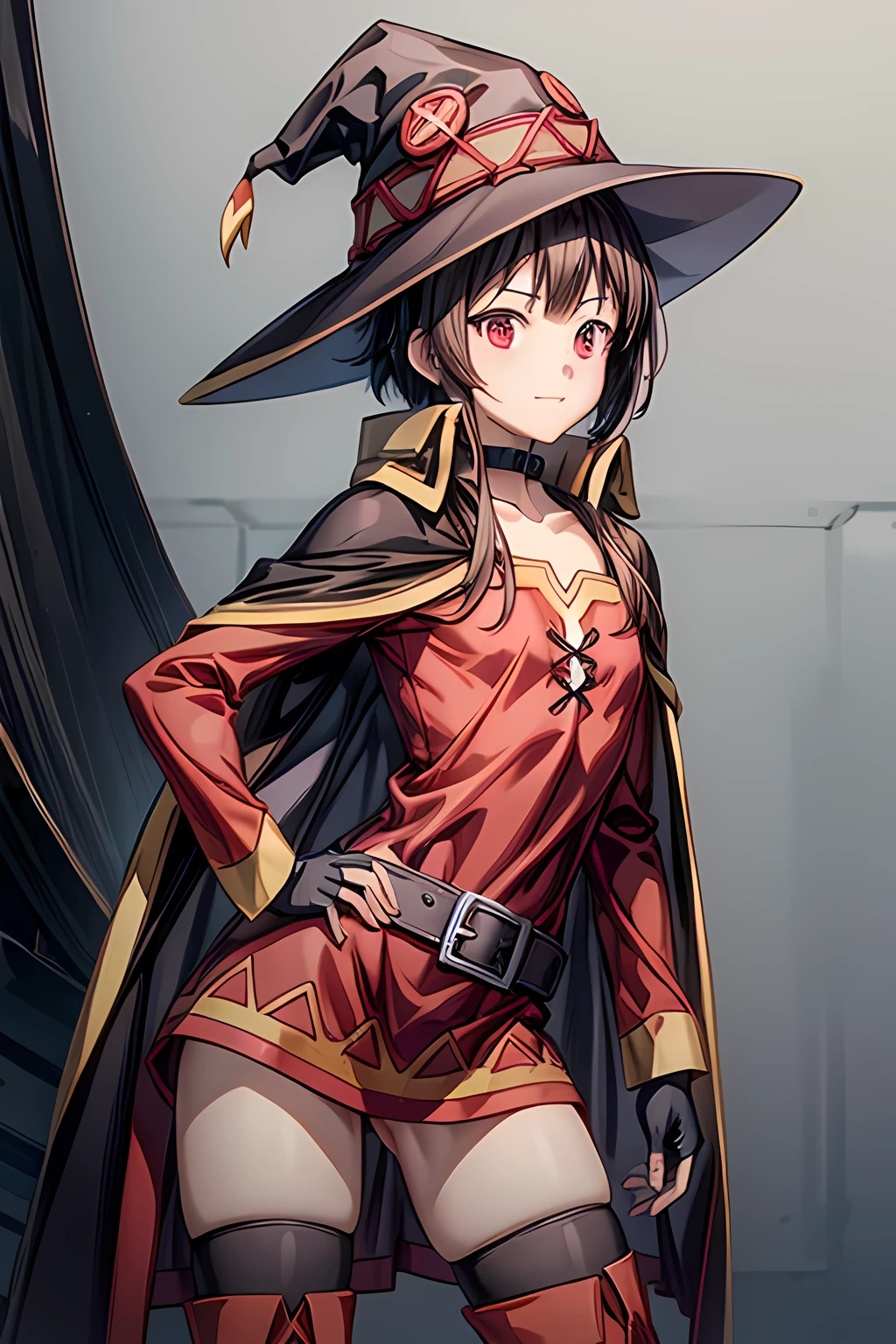 最 High Quality , Masterpiece, high definition, original , very detailed wallpaper , perfect lighting,
( extremely detailed CG:1.2), retina, masterpiece, correct, anatomically correct, Textured Skin, more details,
high detail, High Quality , 最 High Quality , high definition, 8k、 red eyes, short hair , brown hair, choker ,clavicle,Eye patch, short hair , side lock,Good move, small breasts,smile, slouching , Witch Hat , black cloak, black knee-highs,bandage, Red Dress , black gloves, thigh high socks,belt,Orange Boots, asymmetric legwear ,bandageの脚, long sleeve ,Fingerless gloves, lower back, nothing、Thick thighs、
Megumin、 from the side 1 girl 、 standing picture 、( nothing 、 black background、Gray background)、