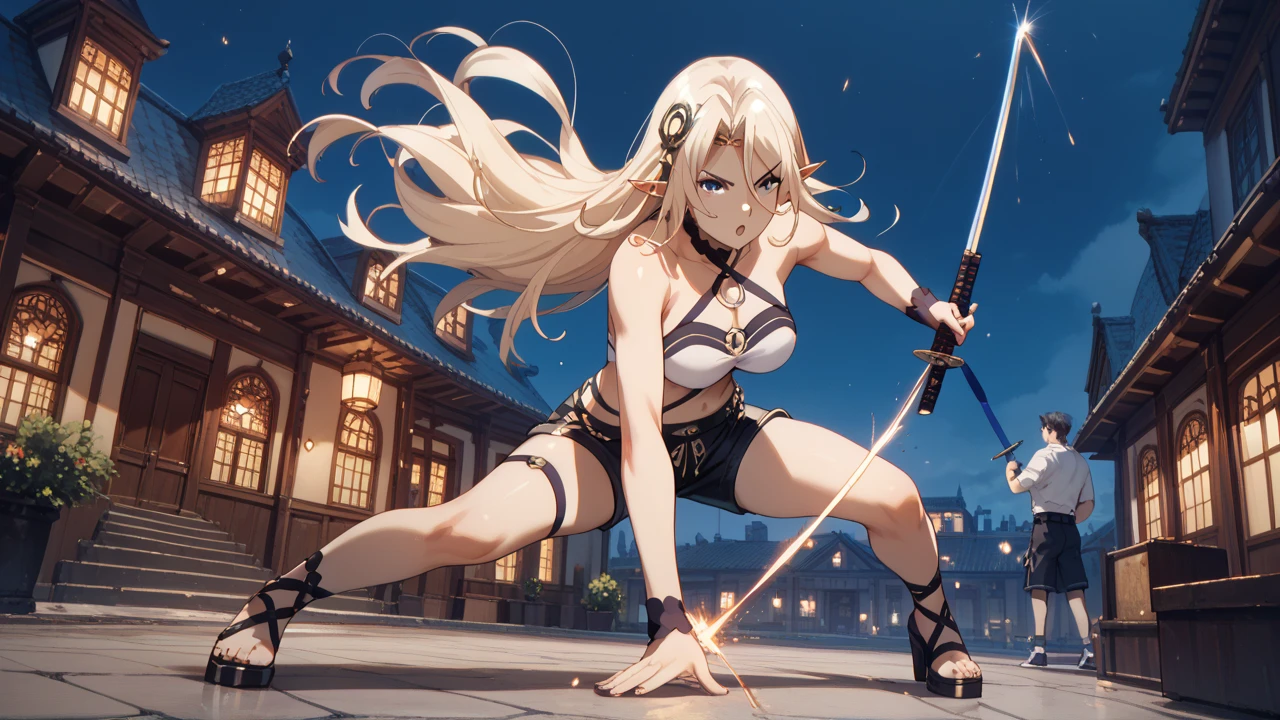 anime waifu bodybuilder, cute face, debatalho face, extremely detailed eyes, knight character, green eyes, perfect body, fit body, looking at the sword, character holding a sword with both hands, abdomen, large breasts, muscular, (((hair) long and blonde), sarashi white chest, sarashi, underboob, breasts bandages, arm bandages (insanely detailed, beautiful detailed face, masterpiece, best quality), (looking disgusted), konosuba, character A2, (white and torn bandages on the arms and legs), image taken from above, camera away, image focusing on the sword, high quality, white light clothes, sweat splattering, character on guard with sword, knight pose, sword with sharp blade with brightness