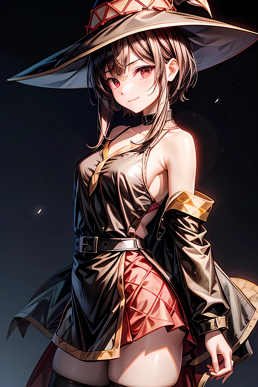 最 High Quality , Masterpiece, high definition, original , very detailed wallpaper , perfect lighting,
( extremely detailed CG:1.2), retina, masterpiece, correct, anatomically correct, Textured Skin, more details,
high detail, High Quality , 最 High Quality , high definition, 8k、 red eyes, short hair , brown hair, choker ,clavicle,Eye patch, short hair , side lock,Good move, small breasts,smile, slouching , Witch Hat , black cloak, black knee-highs,bandage, Red Dress , black gloves, thigh high socks,belt,Orange Boots, asymmetric legwear ,bandageの脚, long sleeve ,Fingerless gloves, lower back, nothing、Thick thighs、
Megumin、 from the side 1 girl 、 standing picture 、( nothing 、 black background、Gray background)、