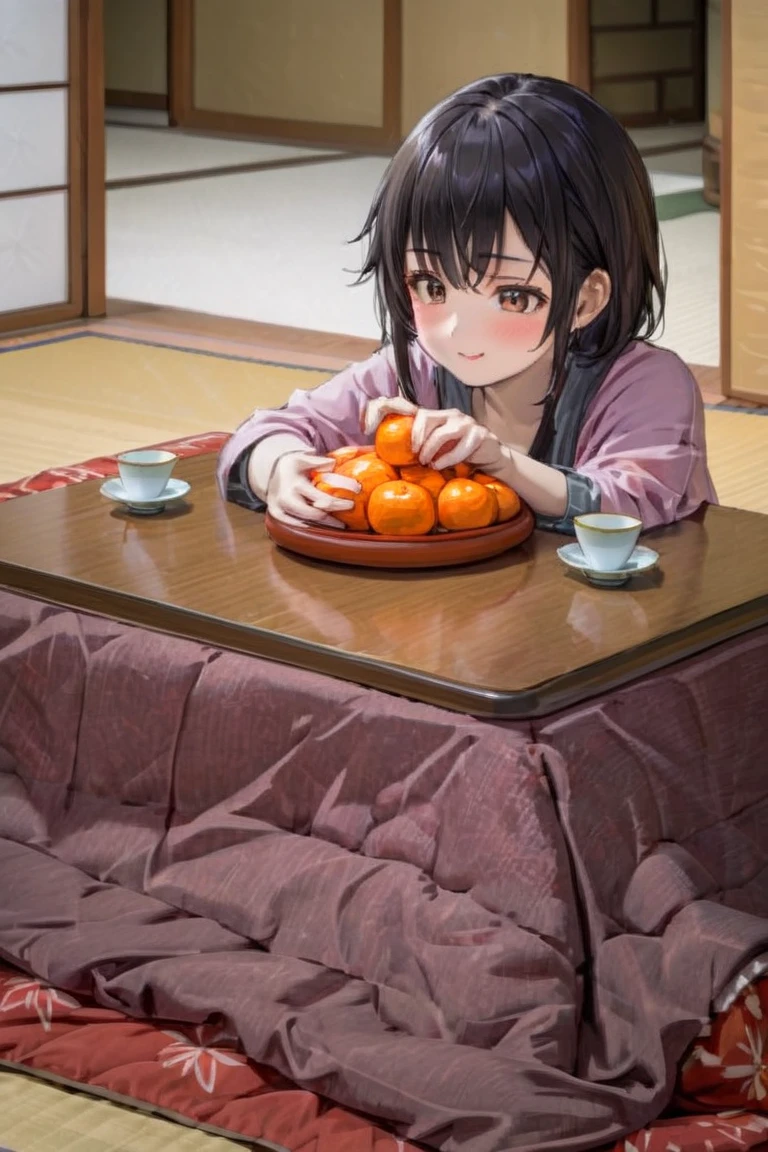 (((highest resolution、 best quality 、masterpiece)))、A extremely beautiful Girl in a kotatsu( black hair、)、There are 5 tangerines on the kotatsu、 girl holds one tangerine in her hand、