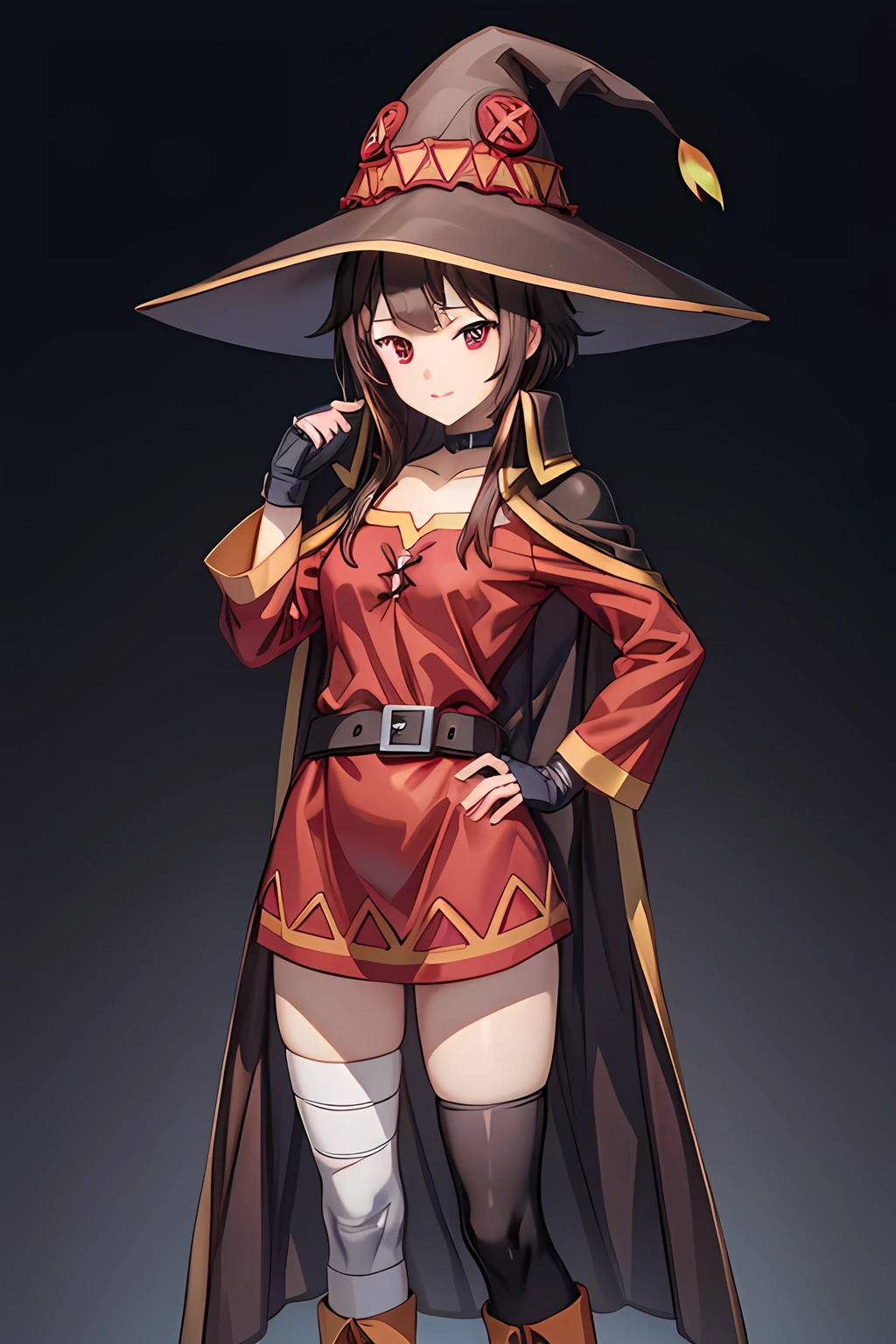 最 High Quality , Masterpiece,  high definition,  original ,  very detailed wallpaper ,  perfect lighting,
( extremely detailed CG:1.2), retina, masterpiece, correct,  anatomically correct,  Textured Skin,  more details, 
 high detail,  High Quality , 最 High Quality ,  high definition, 8k、 red eyes, short hair , brown hair, choker ,clavicle,Eye patch, short hair , side lock,Good move, small breasts,smile, slouching ,  Witch Hat , black cloak, black knee-highs,bandage, Red Dress , black gloves, thigh high socks,belt,Orange Boots,  asymmetric legwear ,bandageの脚,  long sleeve  ,Fingerless gloves, lower back, nothing、Thick thighs、( big breasts in okunai:1.2)、
Megumin、 from the side 1 girl 、 standing picture 、( nothing 、 black background、Gray background)、
